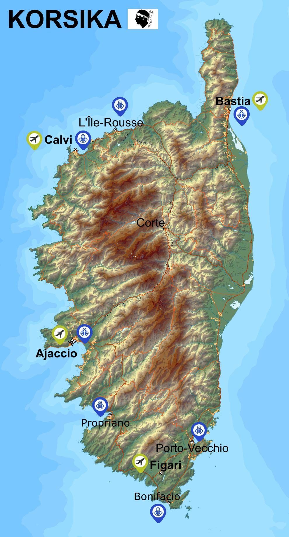 Korsika Karte mit Flughäfen / Airports und Häfen