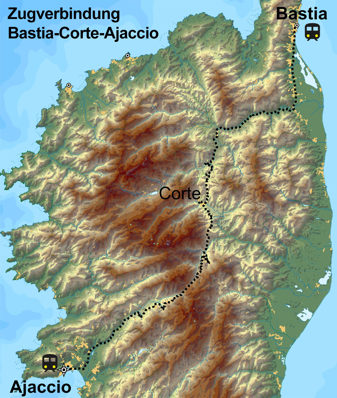 Karte Zugverbindung Bastia Corte Ajaccio