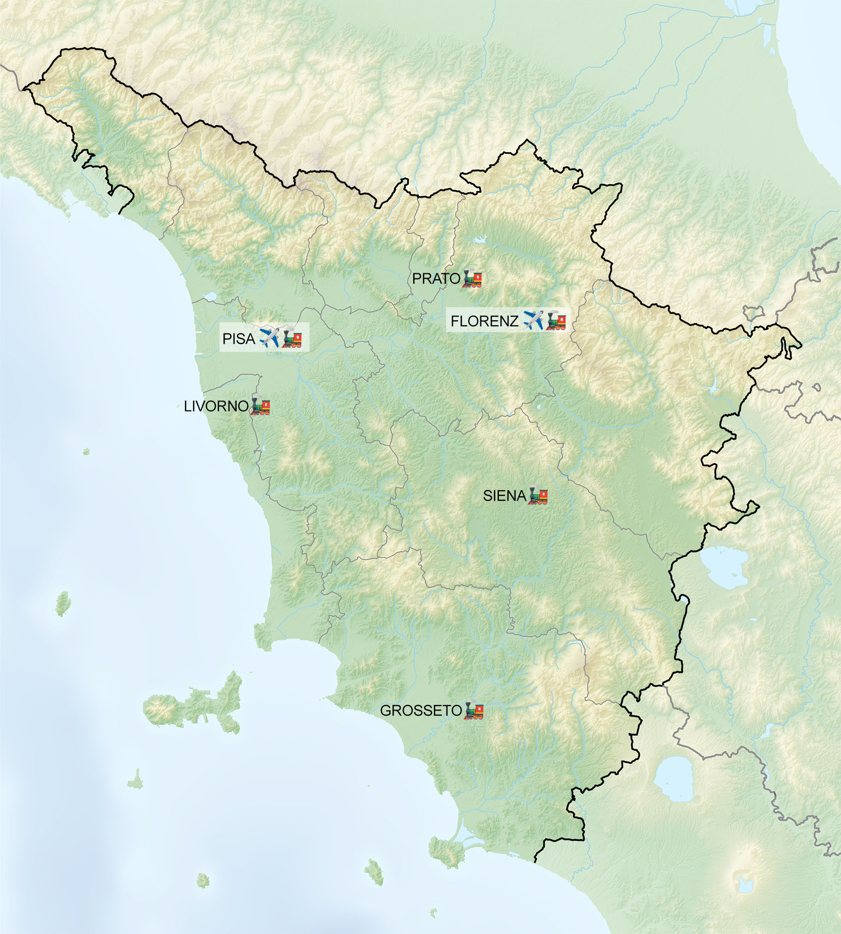 Karte mit wichtigen Bahnhöfe und Flughäfen in der Toskana
