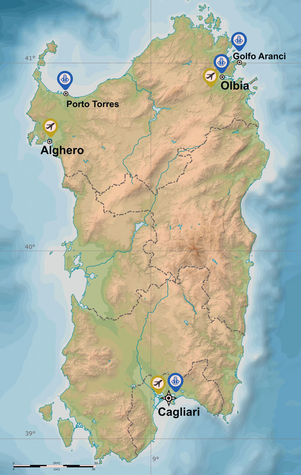 Sardinien Karte mit wichtigen Airports und Häfen