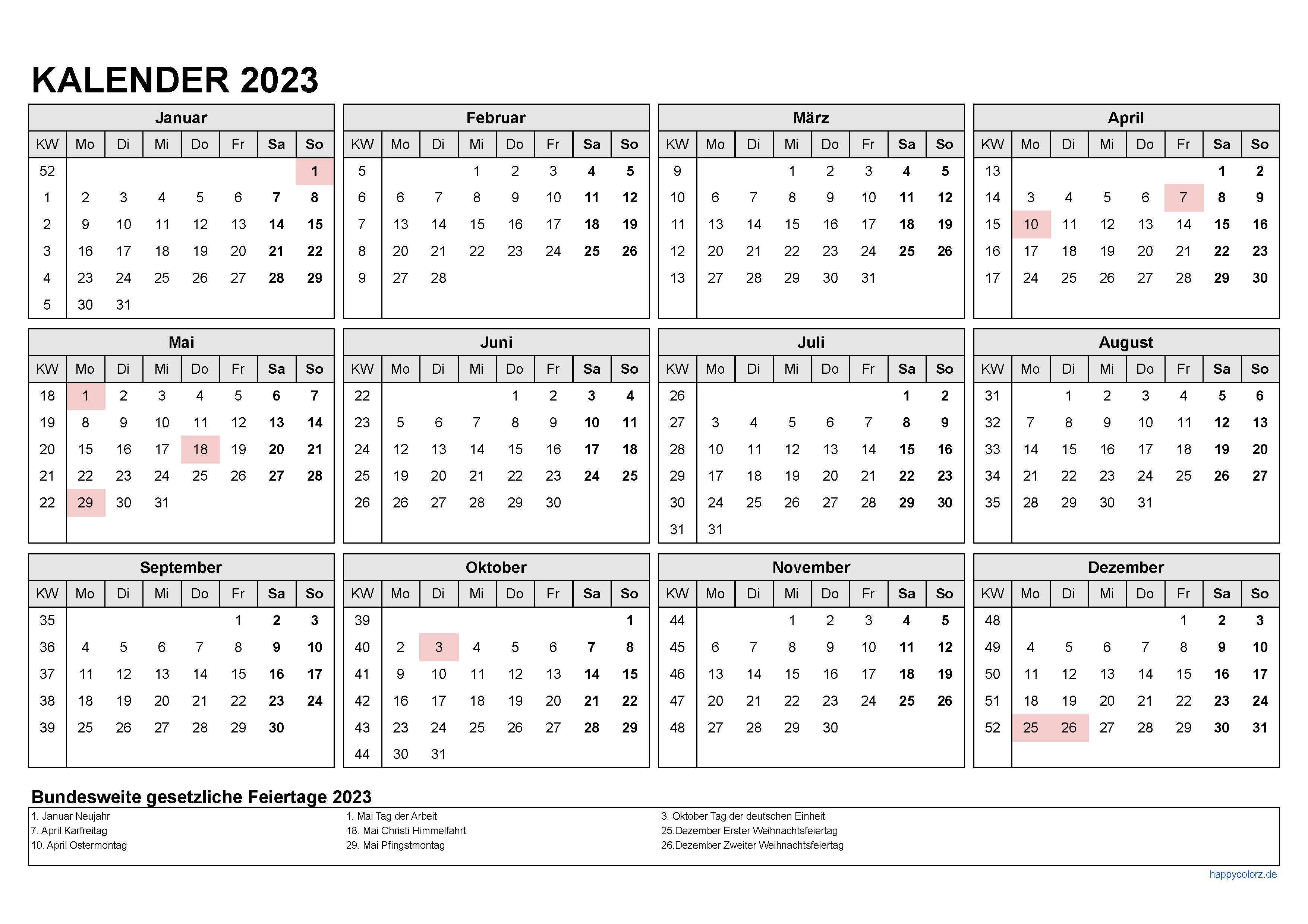 2023 Kalender im Querformat PDF zum Ausdrucken