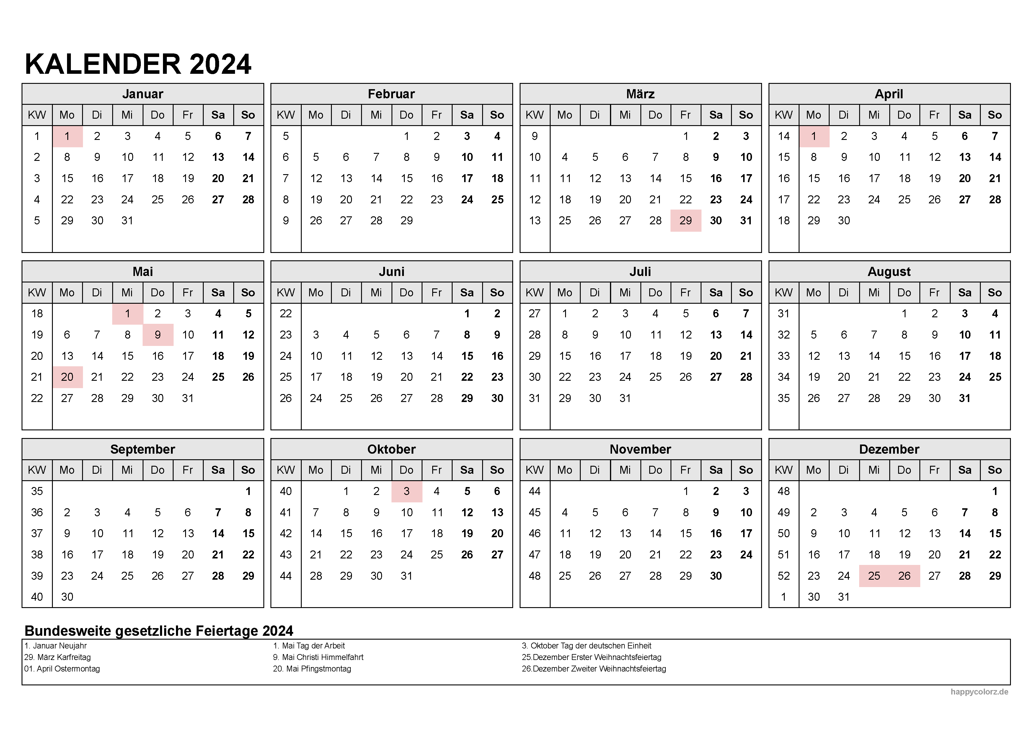 2024 Kalender im Querformat PDF zum Ausdrucken