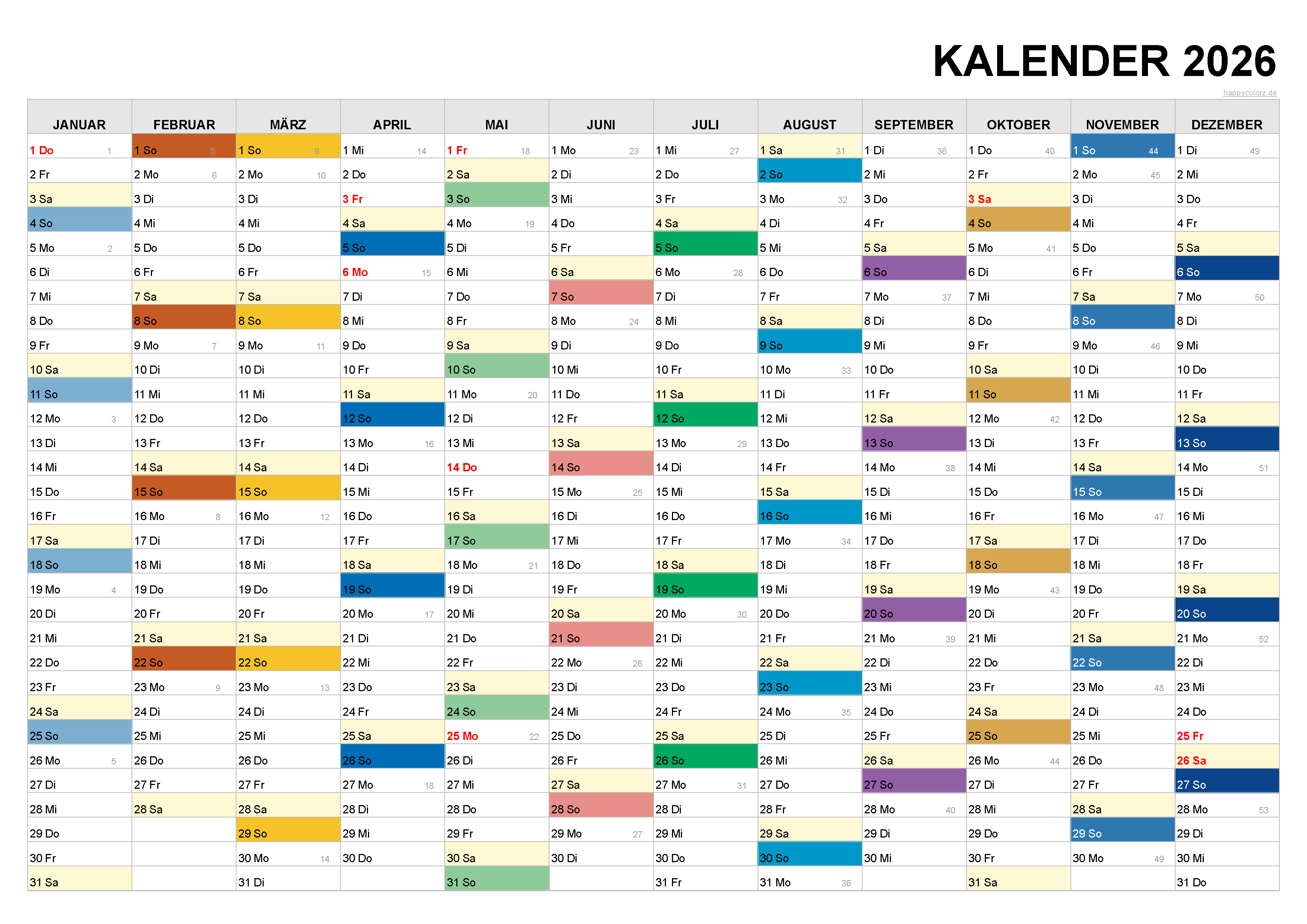 Kalender 2026 Feiertage Ferien Kalenderwochen PDF 