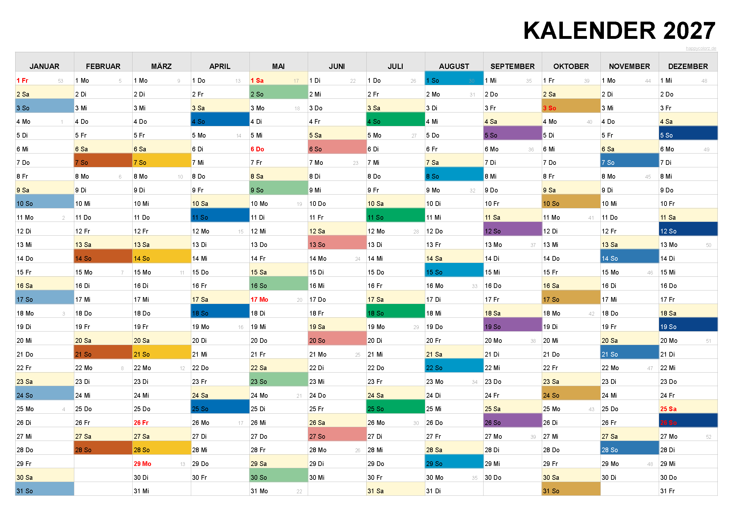 2027 Kalender im Querformat PDF zum Ausdrucken