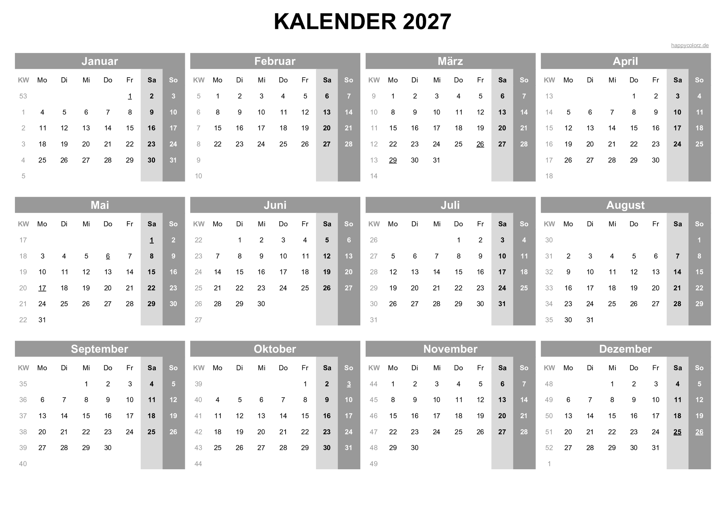 Kalender 2027 Zum Ausdrucken PDF Excel PNG Mit Feiertagen Und KW