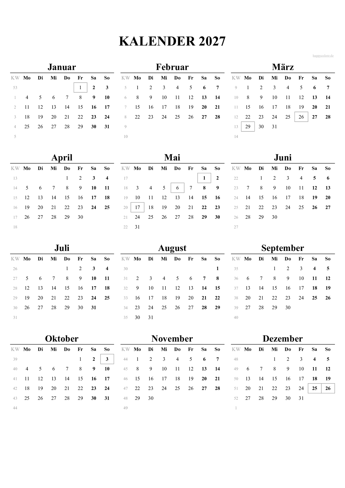 Kalender 2027 - Hochformat, kostenlos zum Ausdrucken