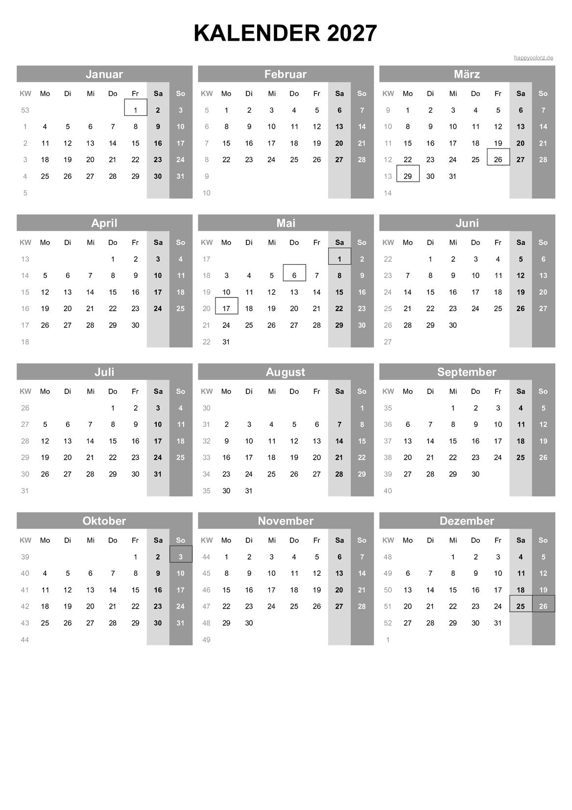 Kalender 2027 - Hochformat, kostenlos zum Ausdrucken