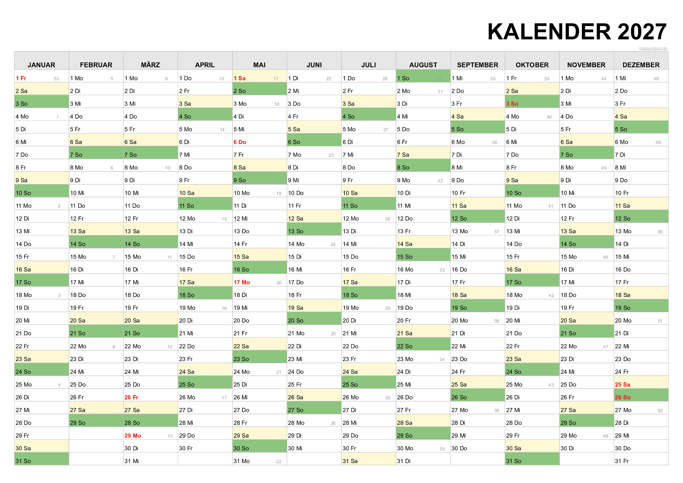 Kalender 2027 im Querformat PDF zum Ausdrucken