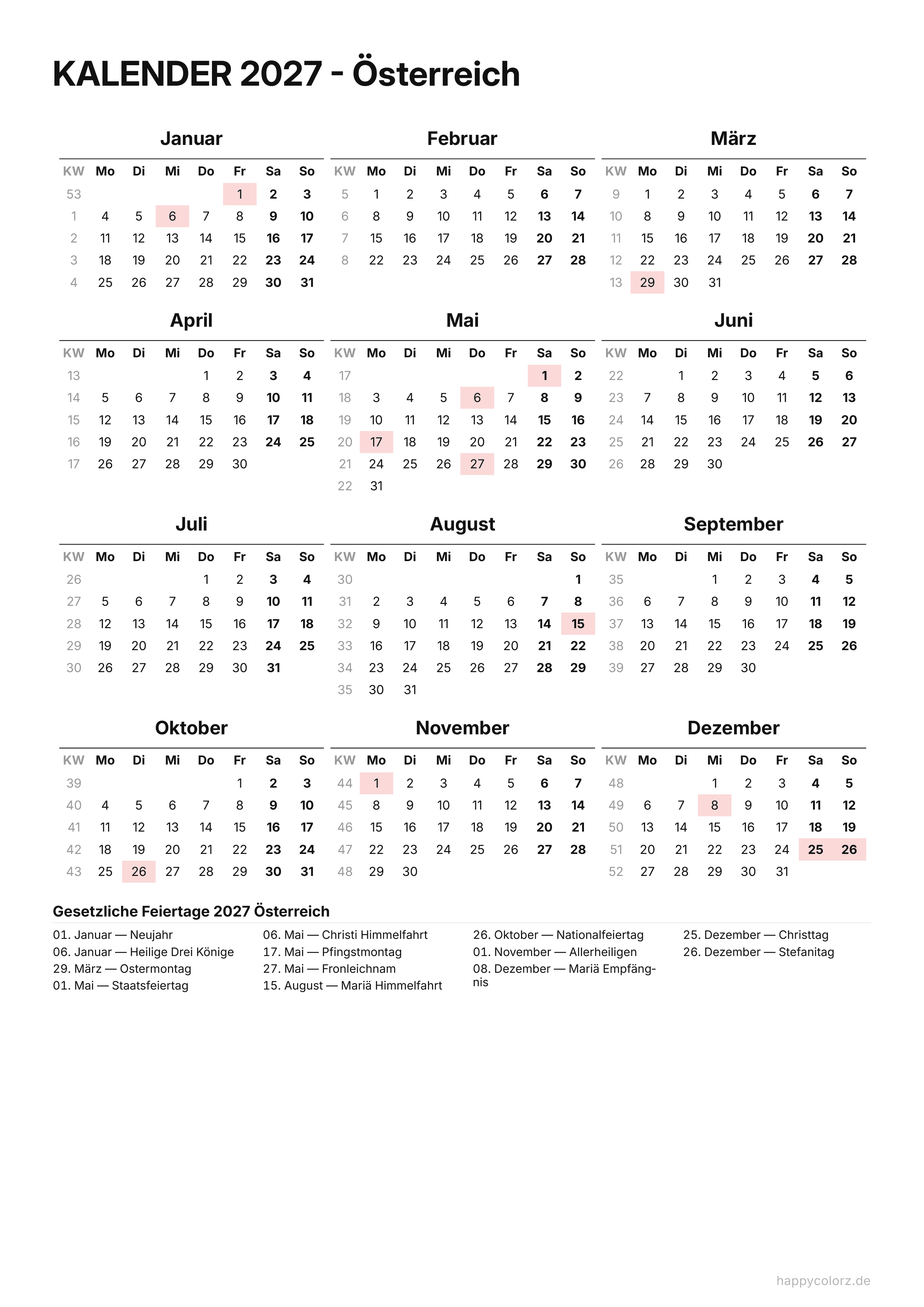 Feiertage & Kalenderwochen · Hochformat, PDF zum Ausdrucken