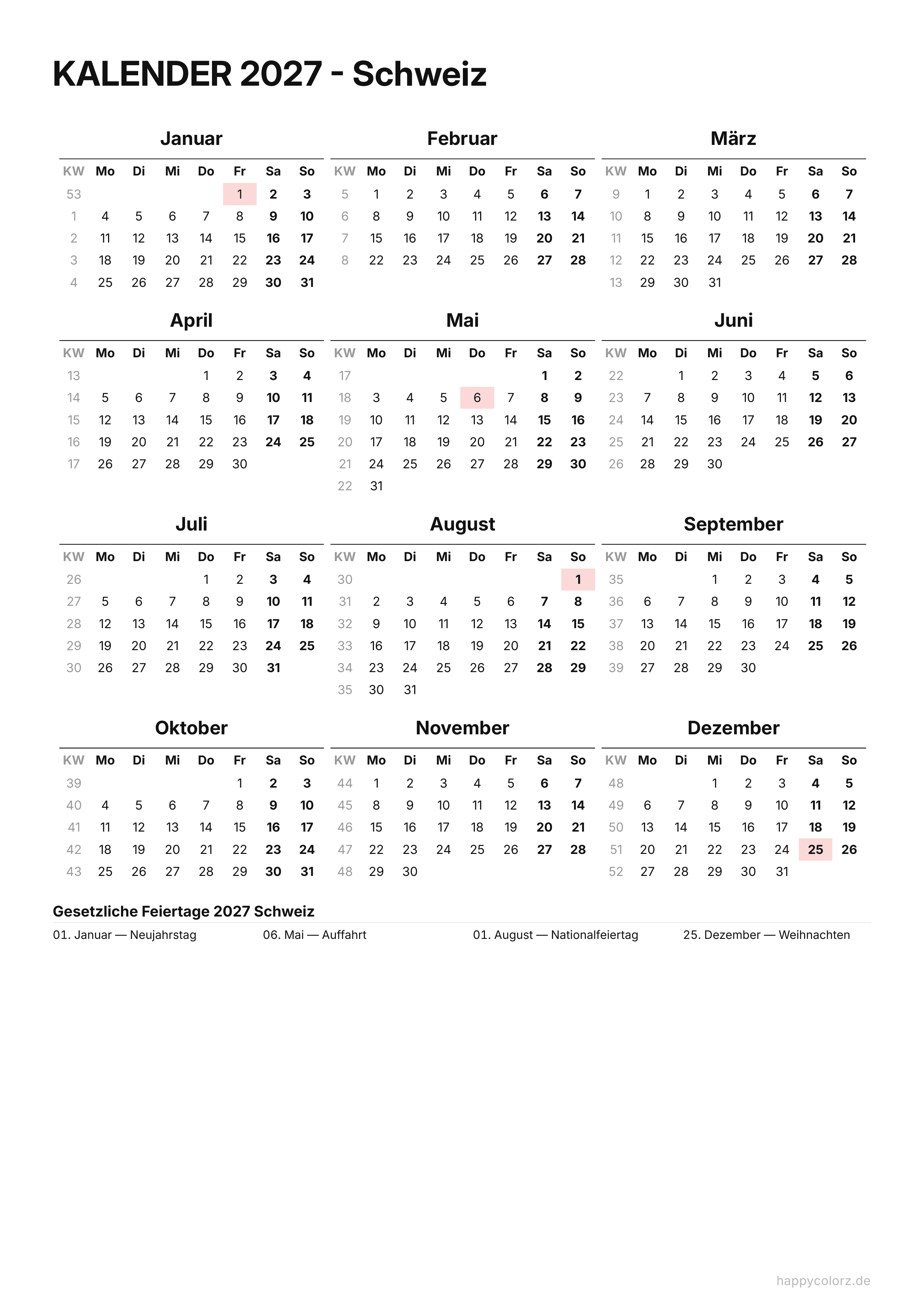 Feiertage & Kalenderwochen · Hochformat, PDF zum Ausdrucken
