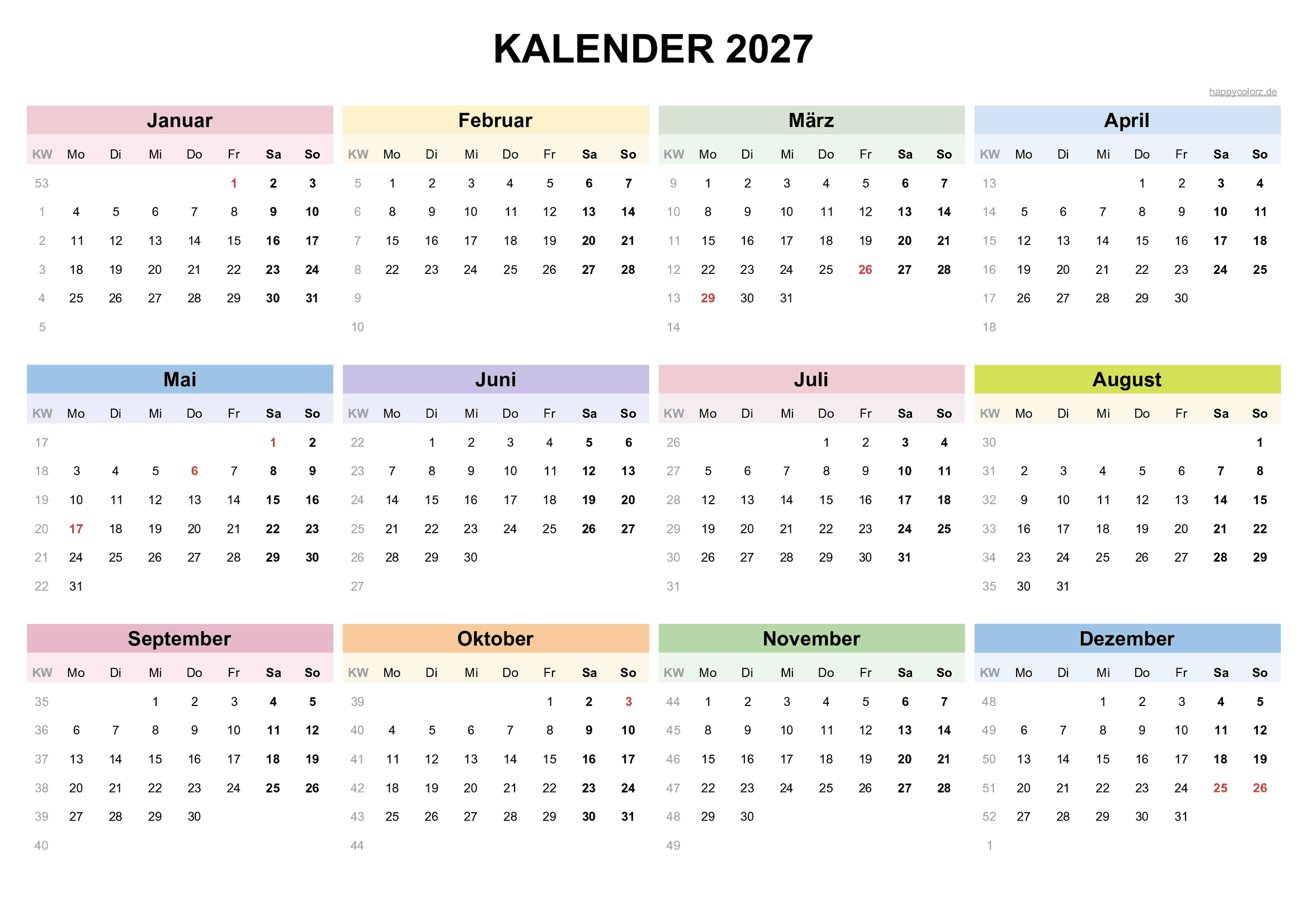 Kalender 2027, Querformat PDF zum kostenlosen Ausdrucken