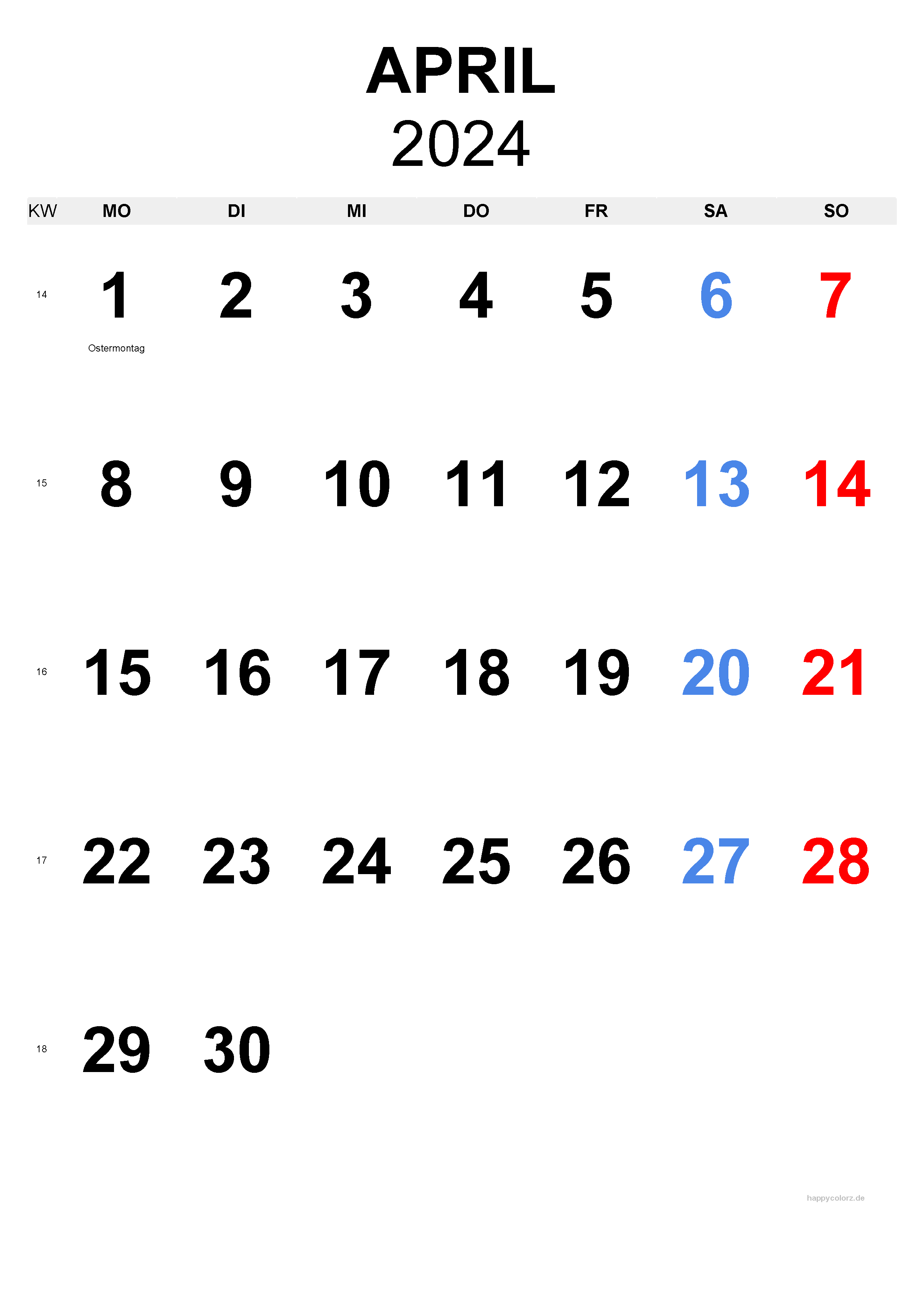 April 2024 Kalender - Hochformat, kostenlos zum Ausdrucken