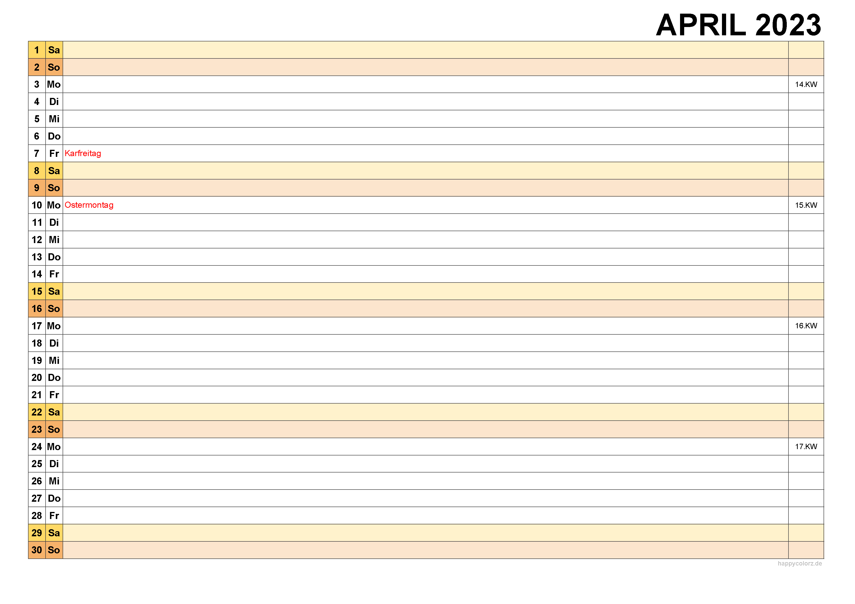 Kalender April 2023, kostenloser Planer pdf
