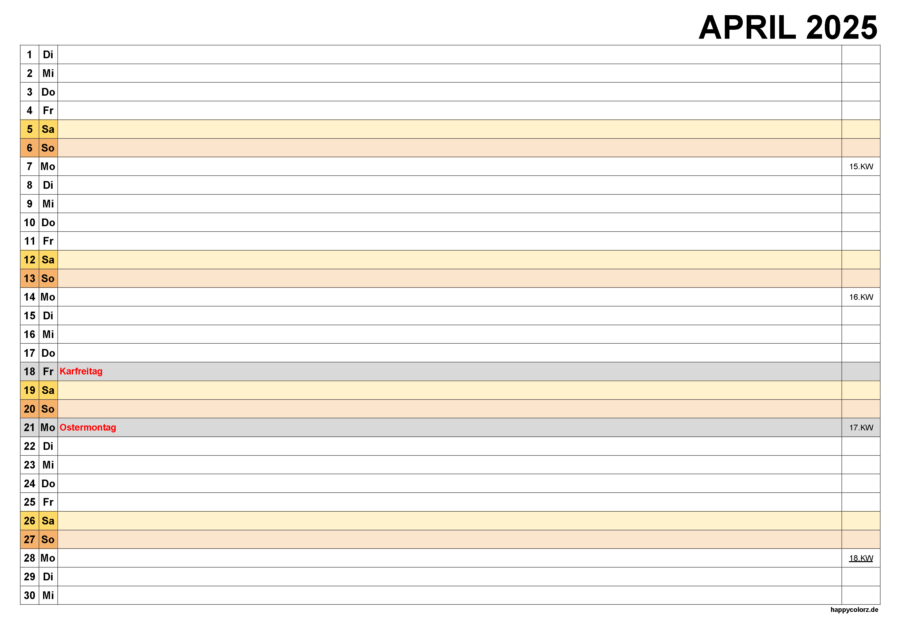 Kalender April 2025, kostenloser Planer pdf