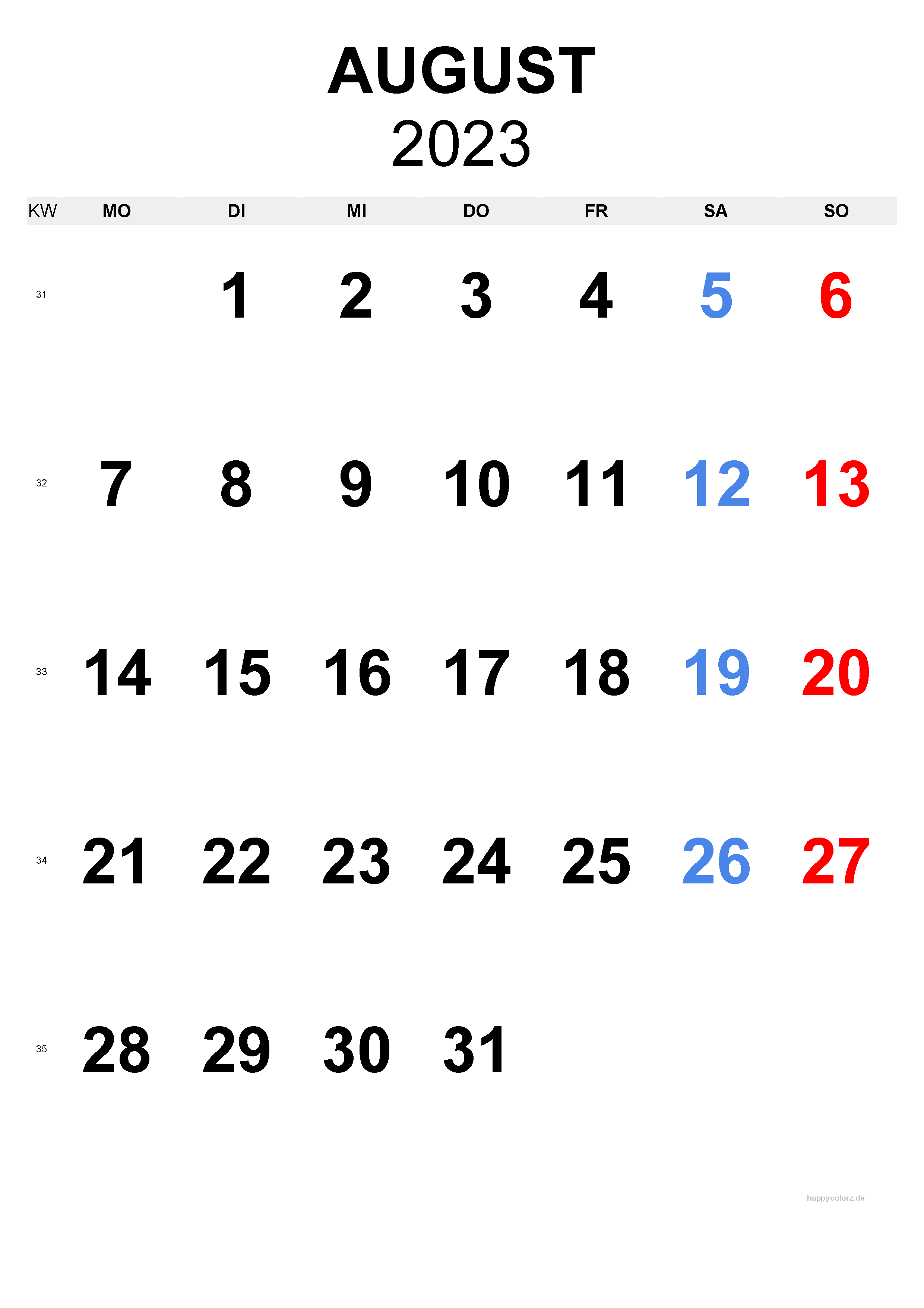 August 2023 Kalender - Hochformat, kostenlos zum Ausdrucken