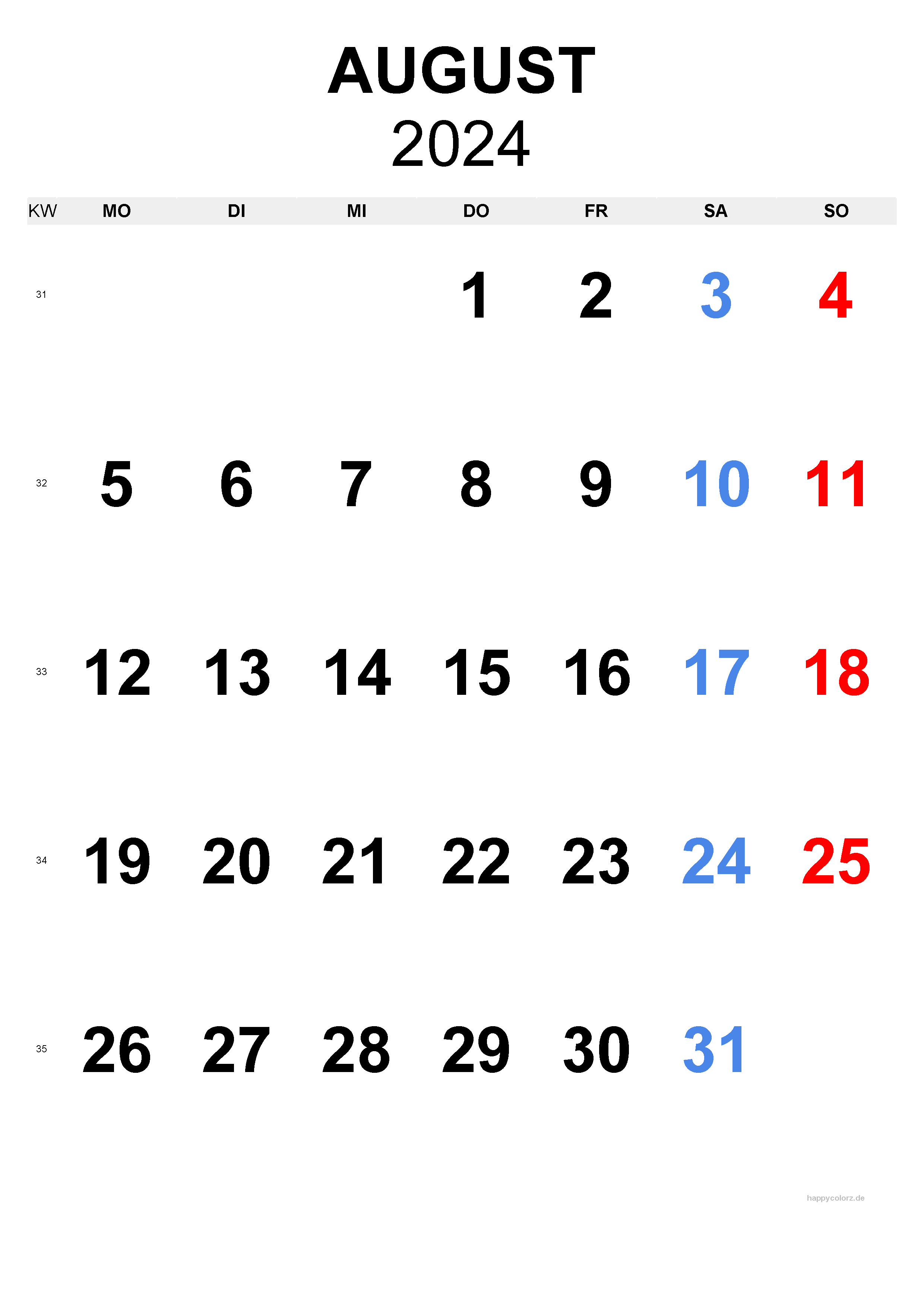 August 2024 Kalender - Hochformat, kostenlos zum Ausdrucken