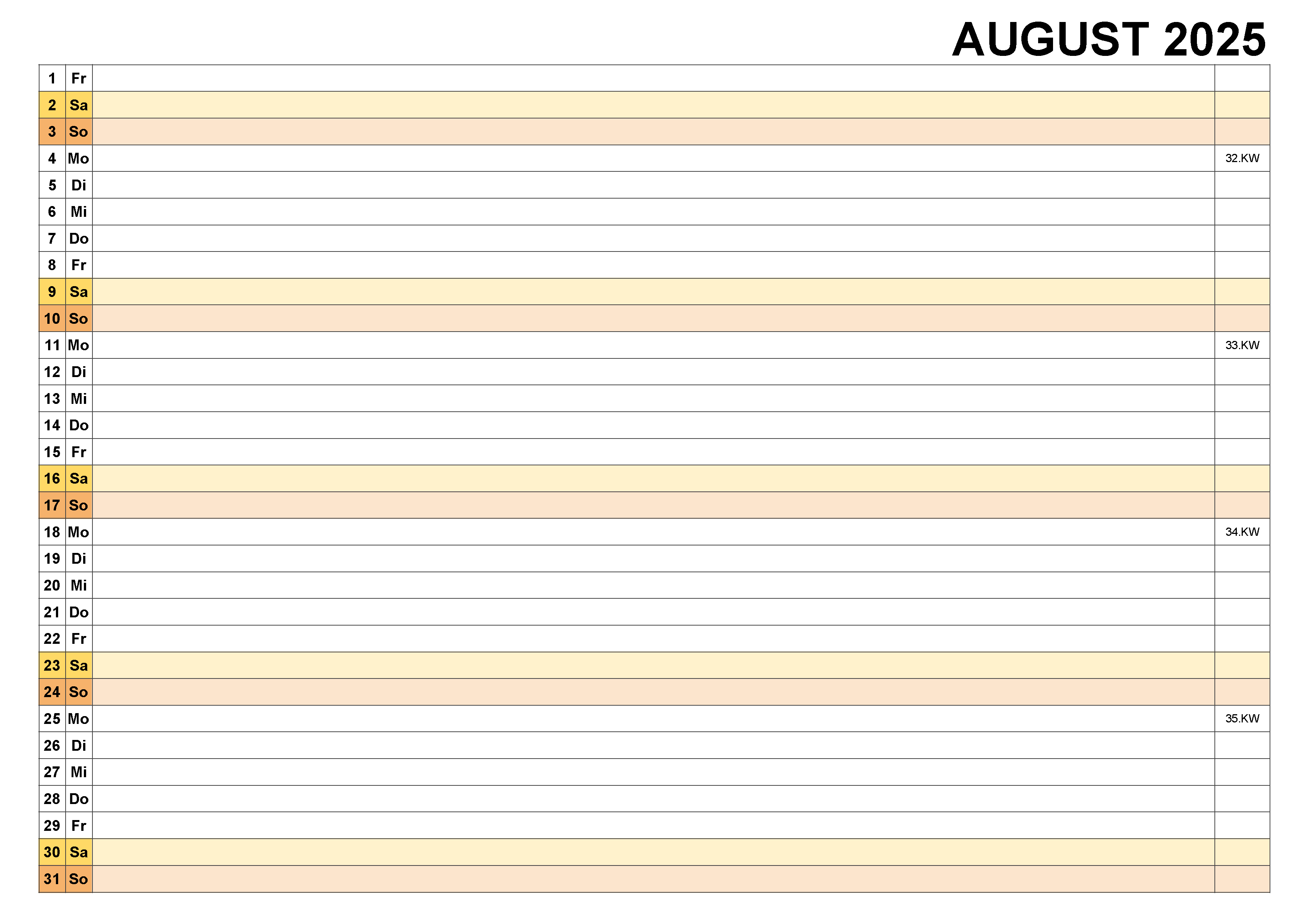 Kalender August 2025, kostenloser Planer pdf