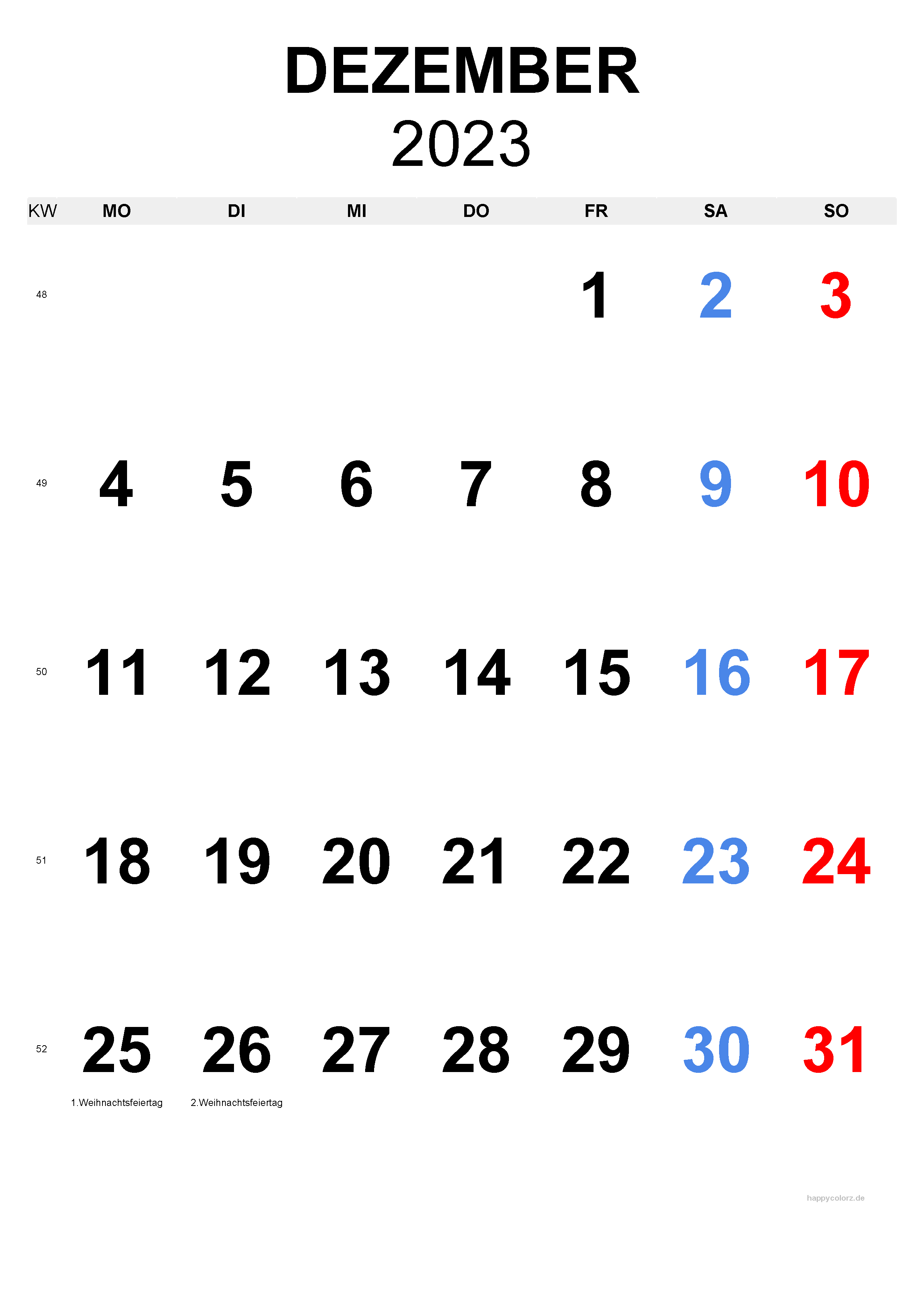 Dezember 2023 Kalender - Hochformat, kostenlos zum Ausdrucken