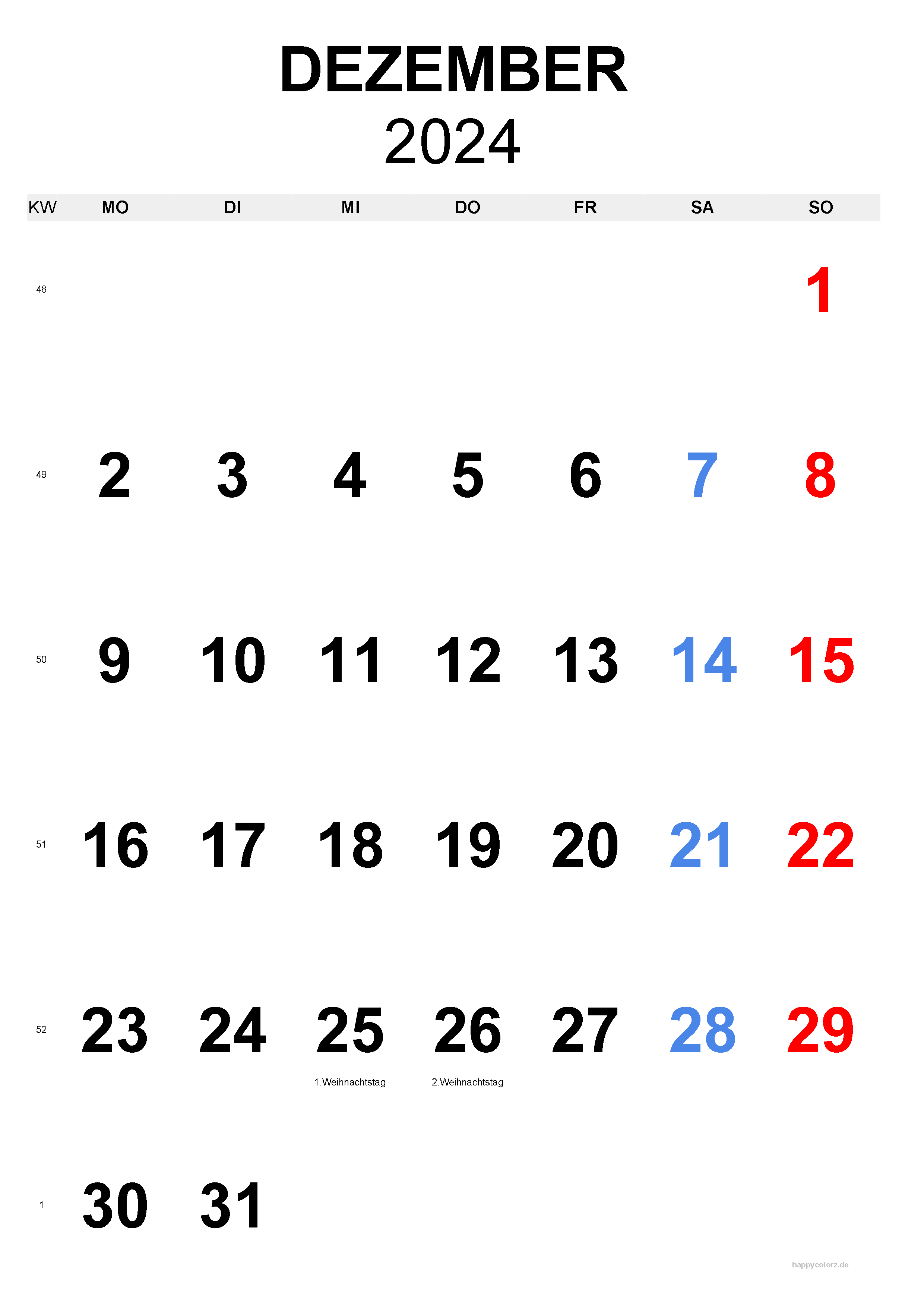 Dezember 2024 Kalender - Hochformat, kostenlos zum Ausdrucken