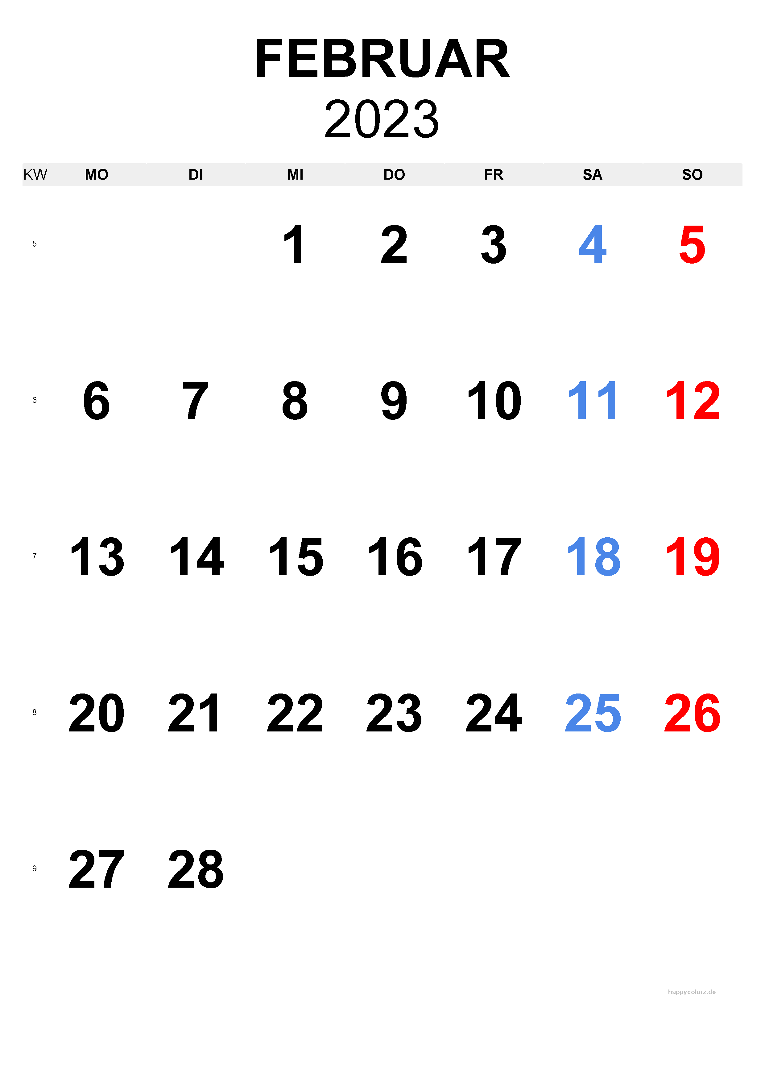 Februar 2023 Kalender - Hochformat, kostenlos zum Ausdrucken