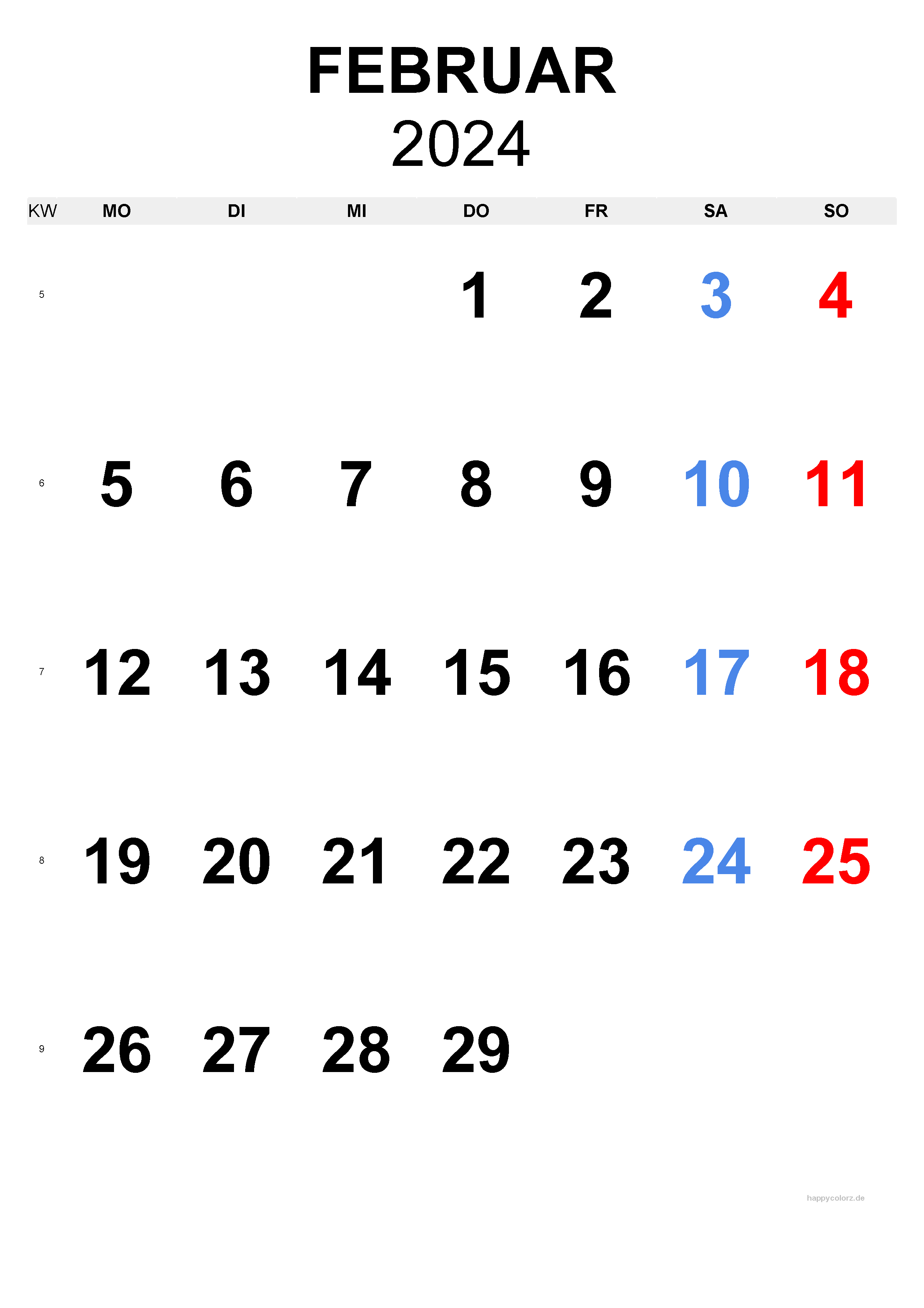 Februar 2024 Kalender - Hochformat, kostenlos zum Ausdrucken