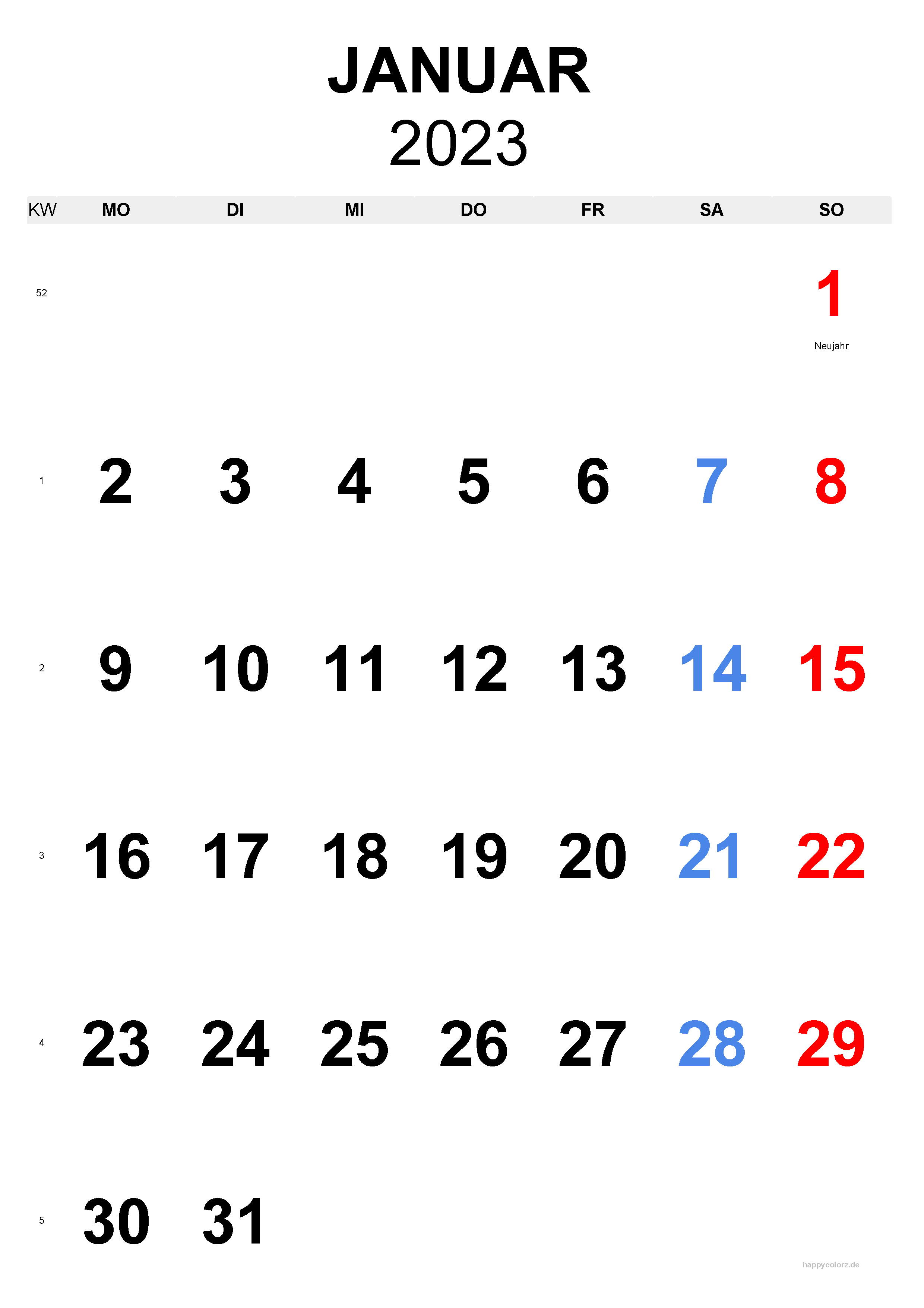 Januar 2023 Kalender - Hochformat, kostenlos zum Ausdrucken