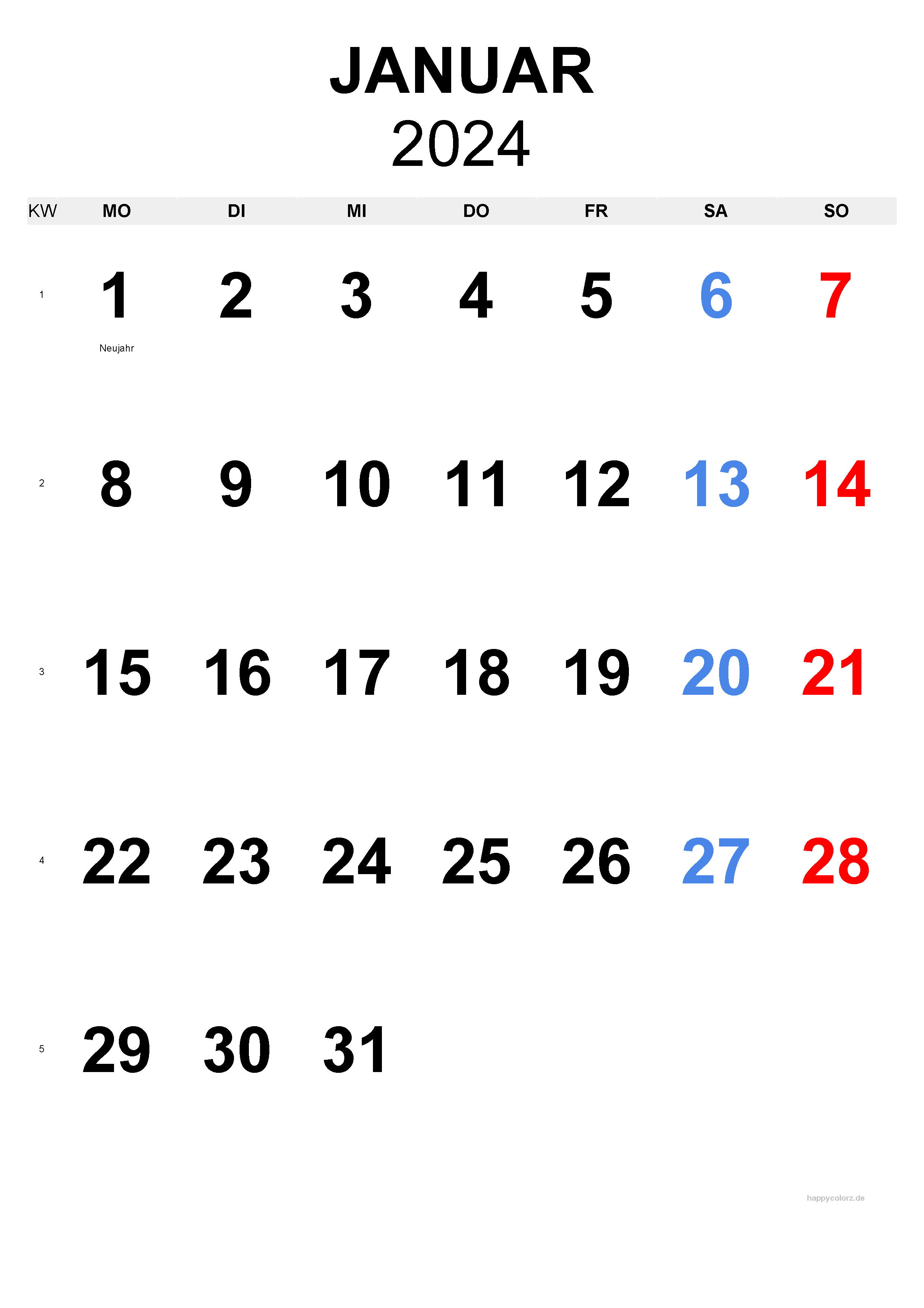 Januar 2024 Kalender - Hochformat, kostenlos zum Ausdrucken