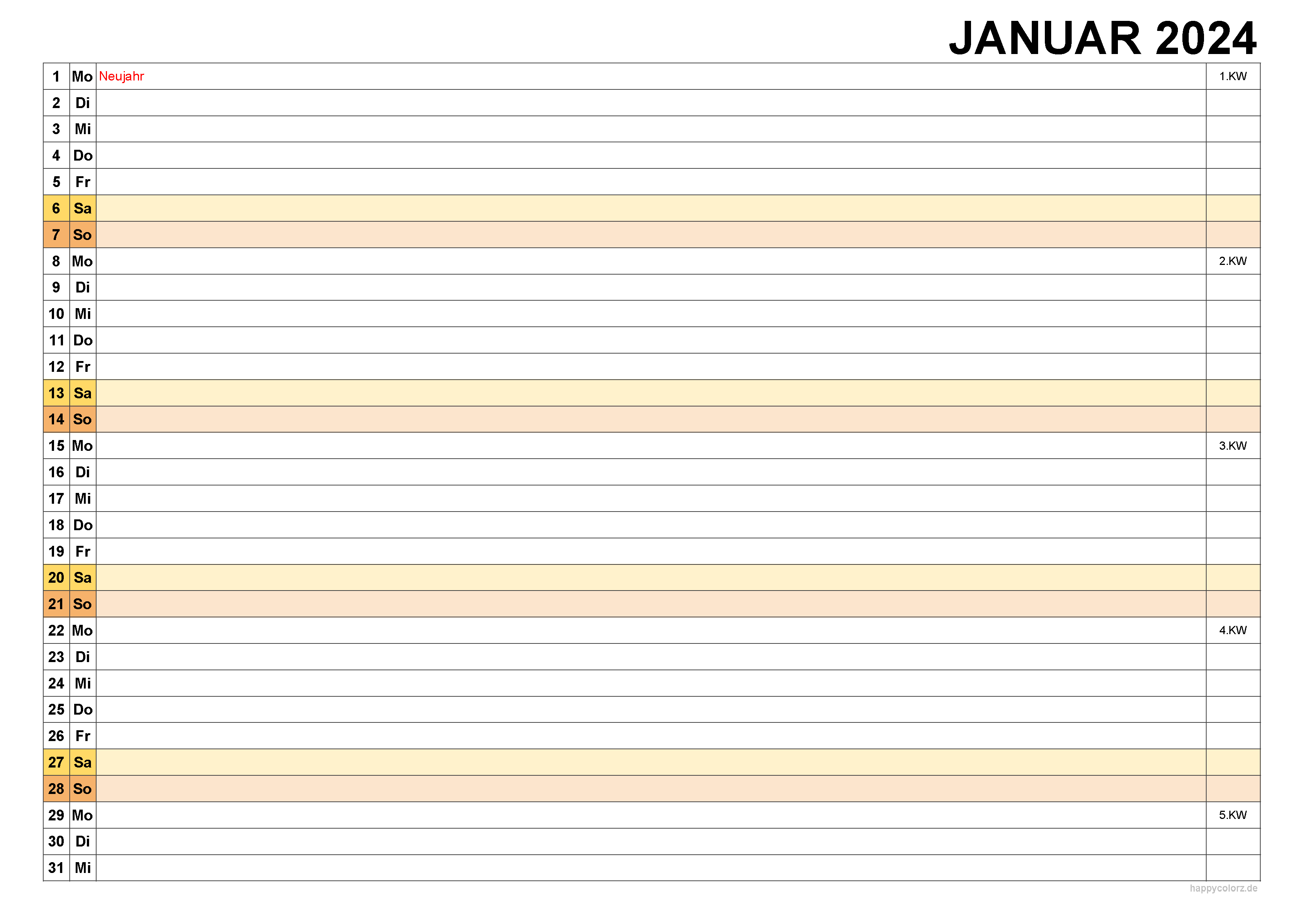 Kalender Januar 2024, kostenloser Planer pdf