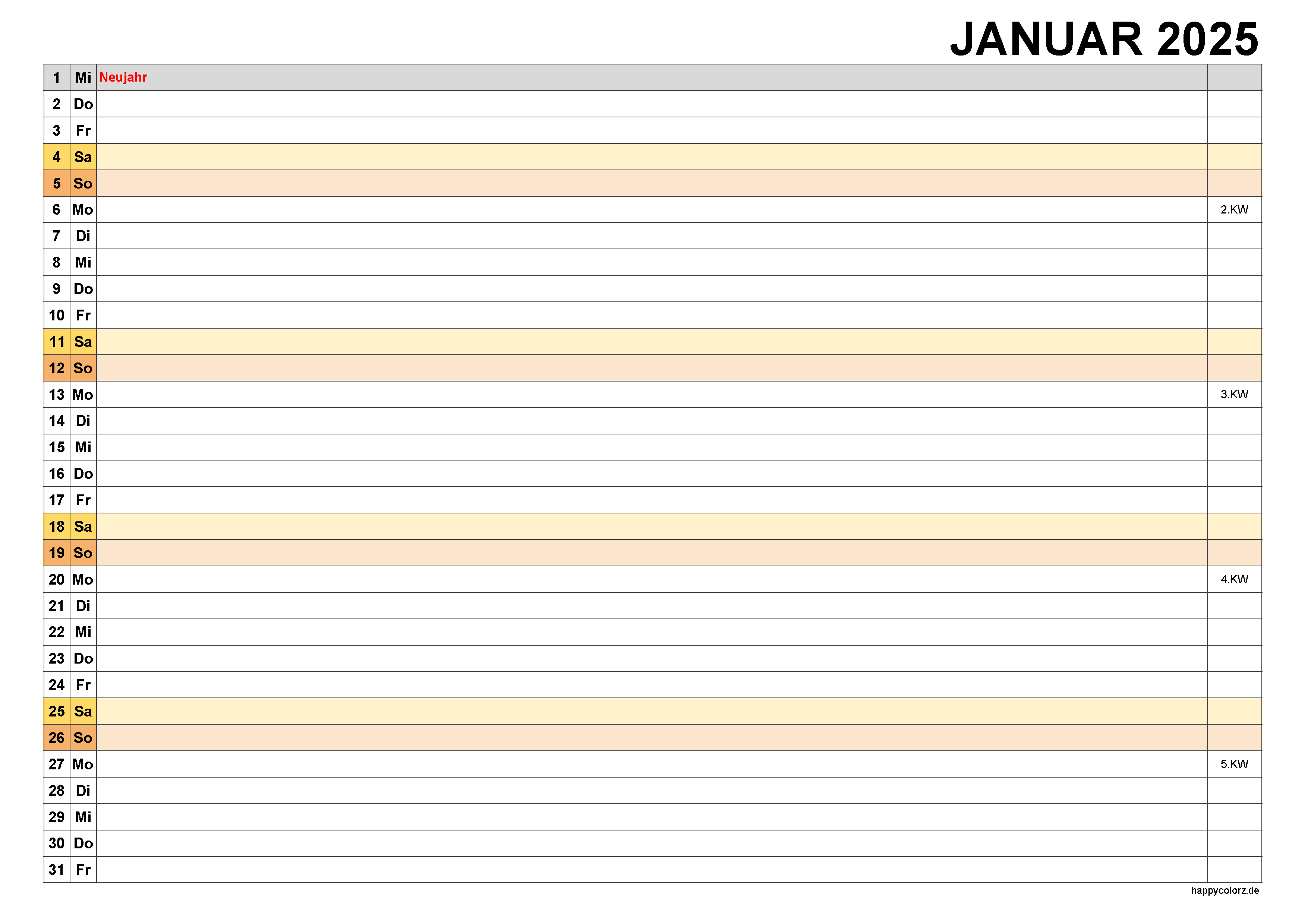 Kalender Januar 2025, kostenloser Planer pdf