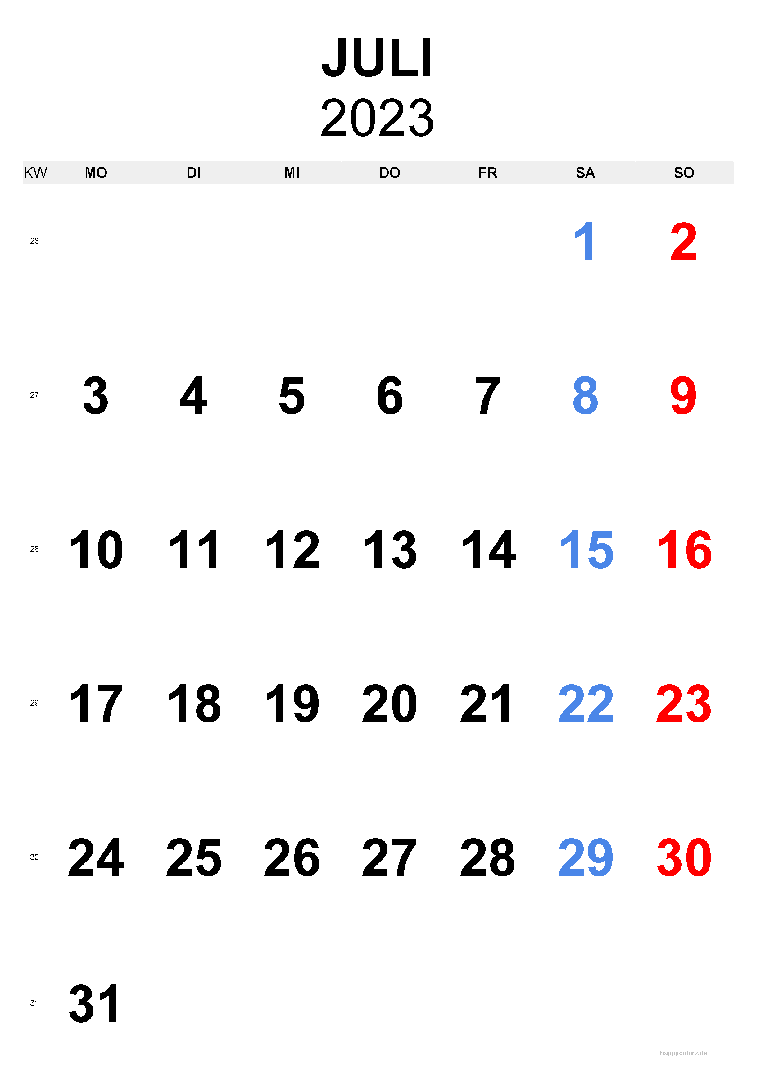 Juli 2023 Kalender - Hochformat, kostenlos zum Ausdrucken
