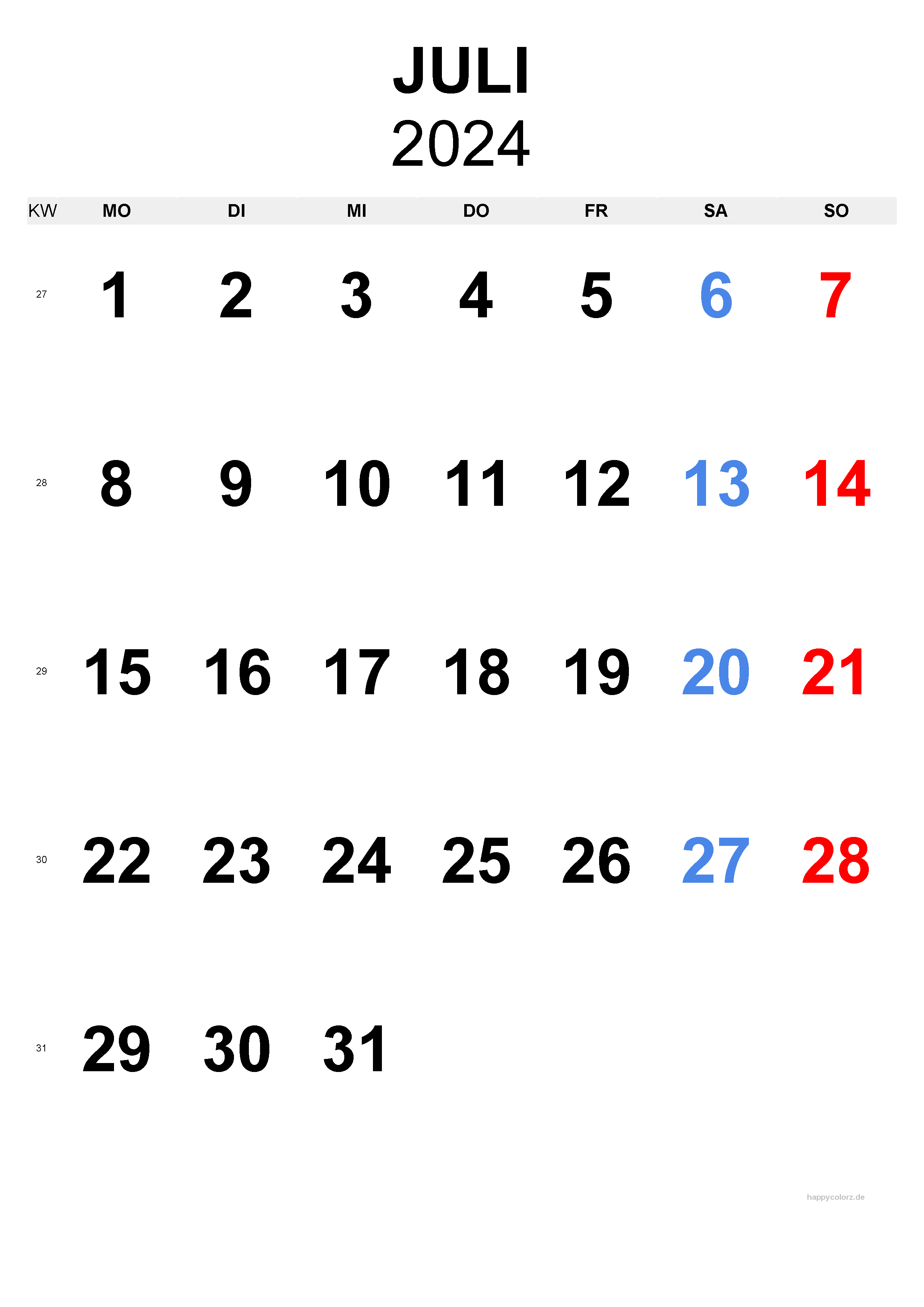 Juli 2024 Kalender - Hochformat, kostenlos zum Ausdrucken