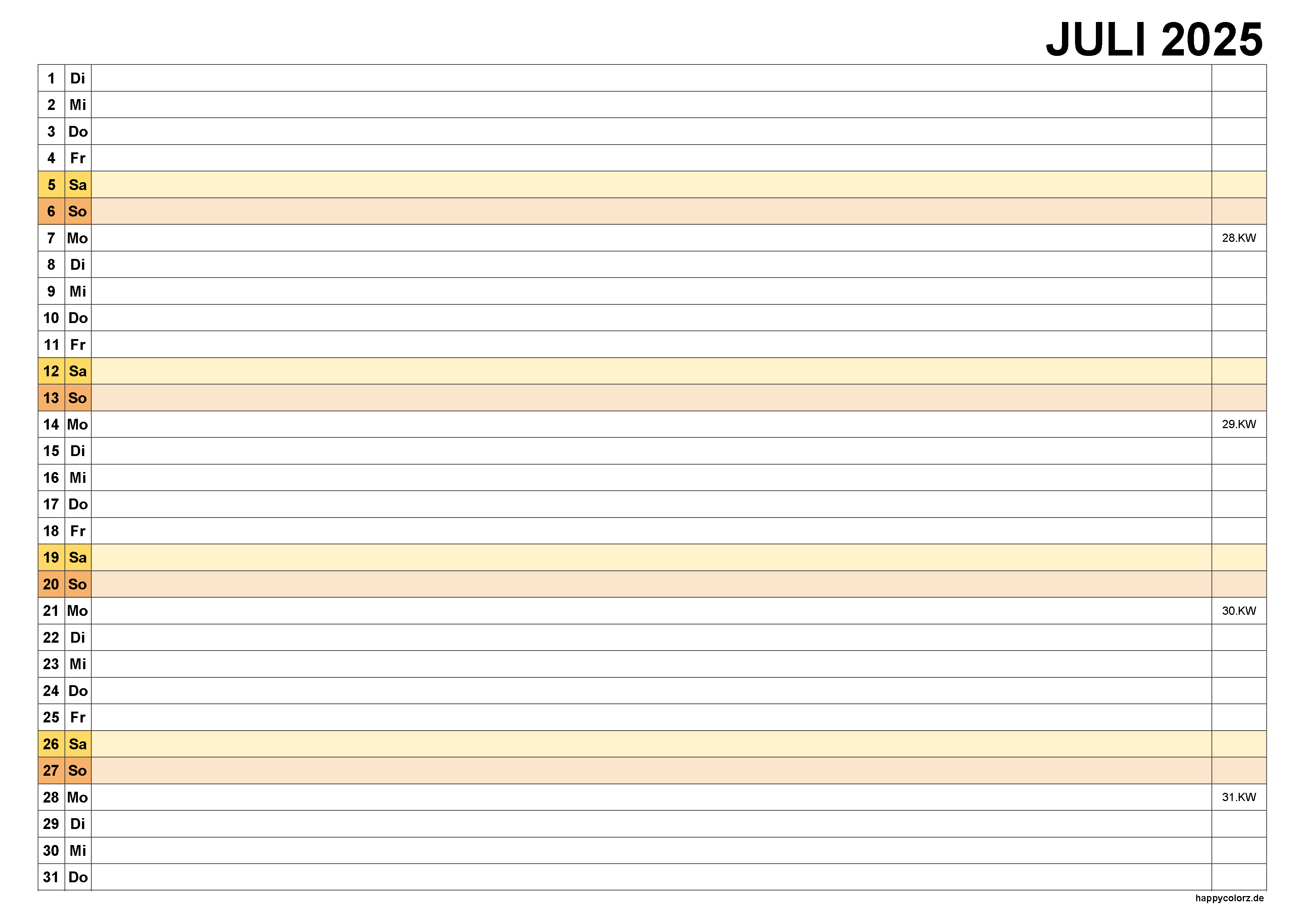 Kalender Juli 2025, kostenloser Planer pdf