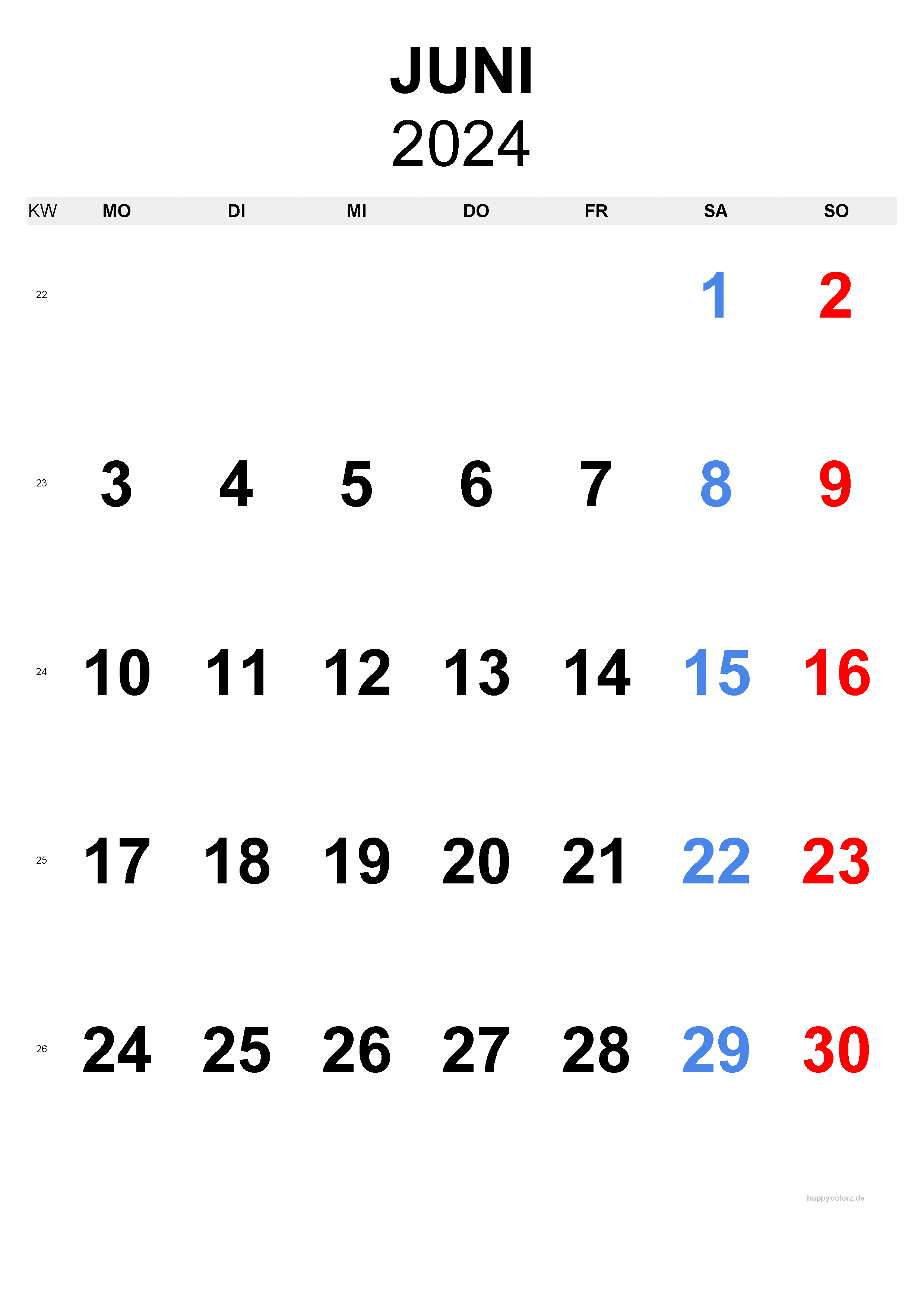 Juni 2024 Kalender - Hochformat, kostenlos zum Ausdrucken