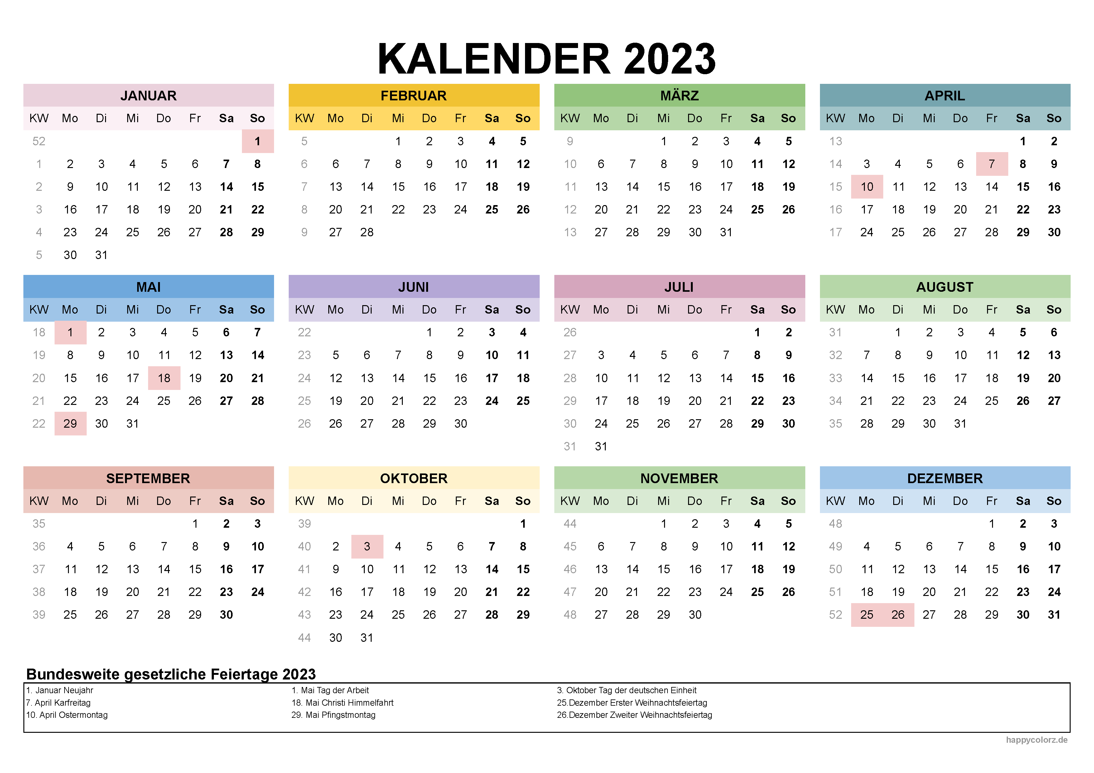 farbiger Kalender 2023, quer als PDF zum Ausdrucken