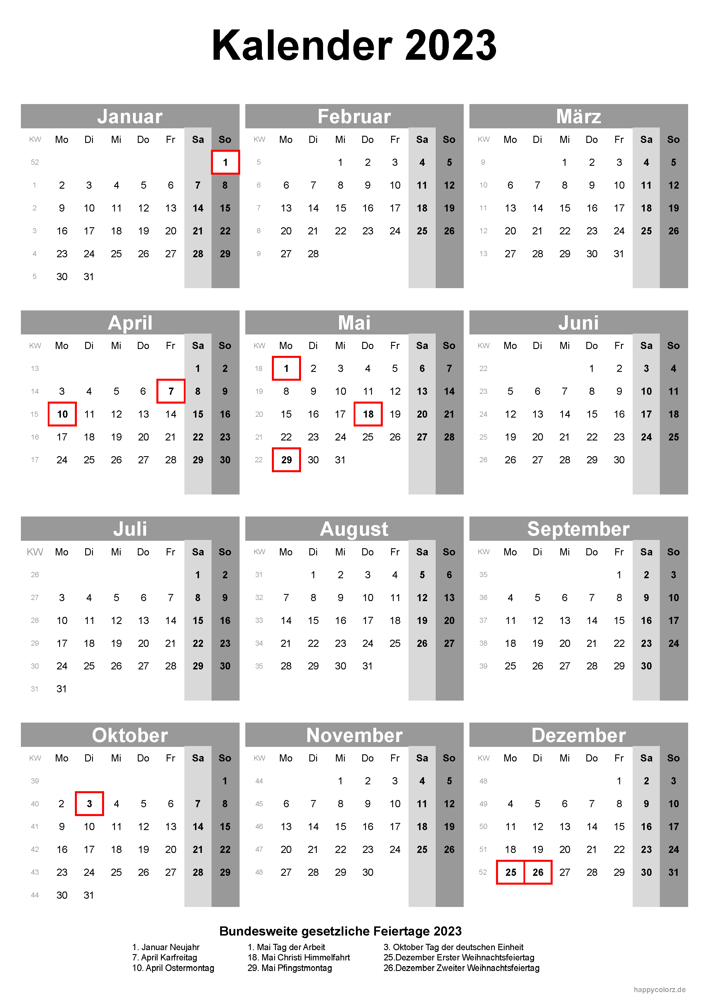 Kalender 2023 - Hochformat, kostenlos zum Ausdrucken