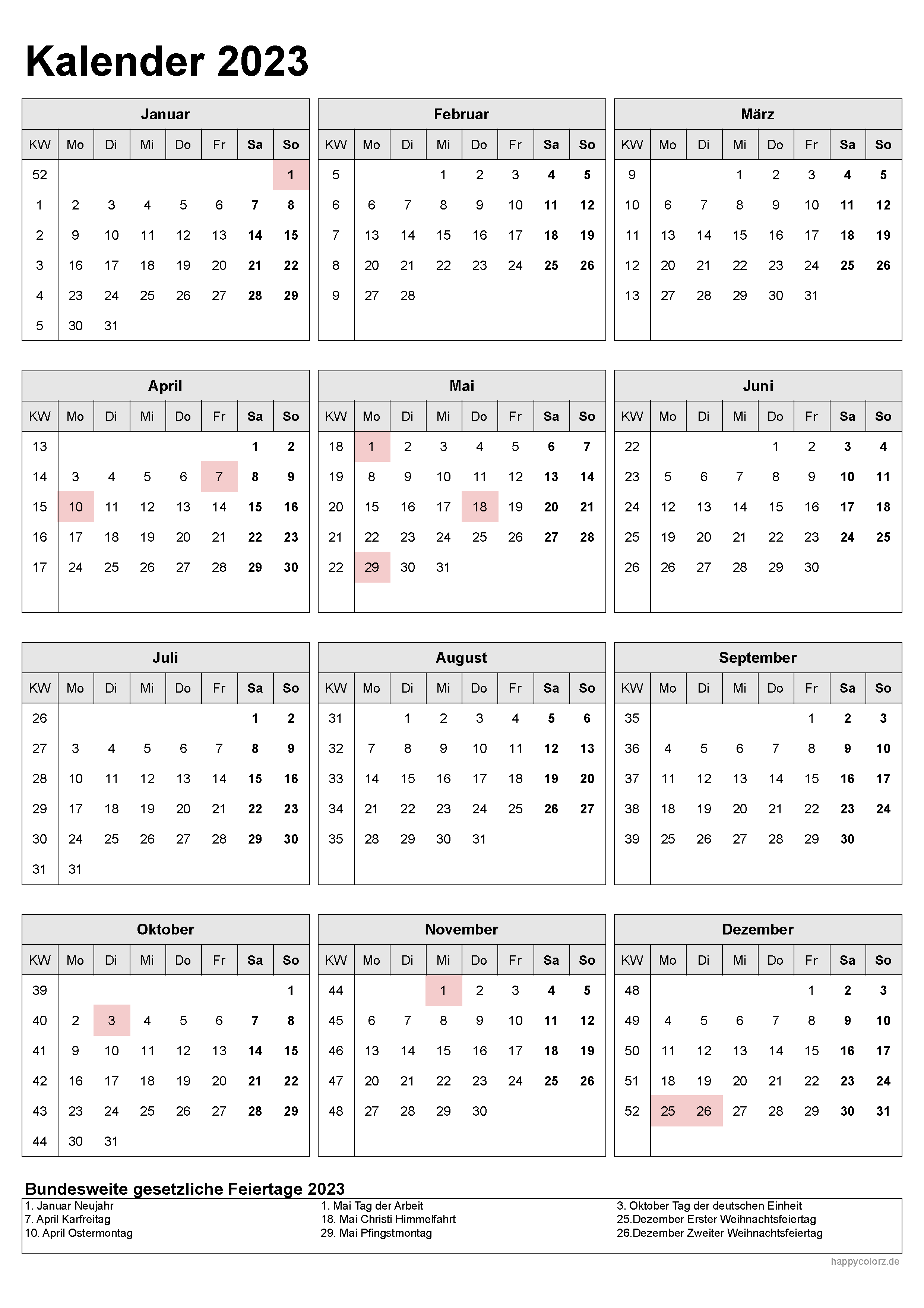 Kalender 2023 - Hochformat, kostenlos zum Ausdrucken