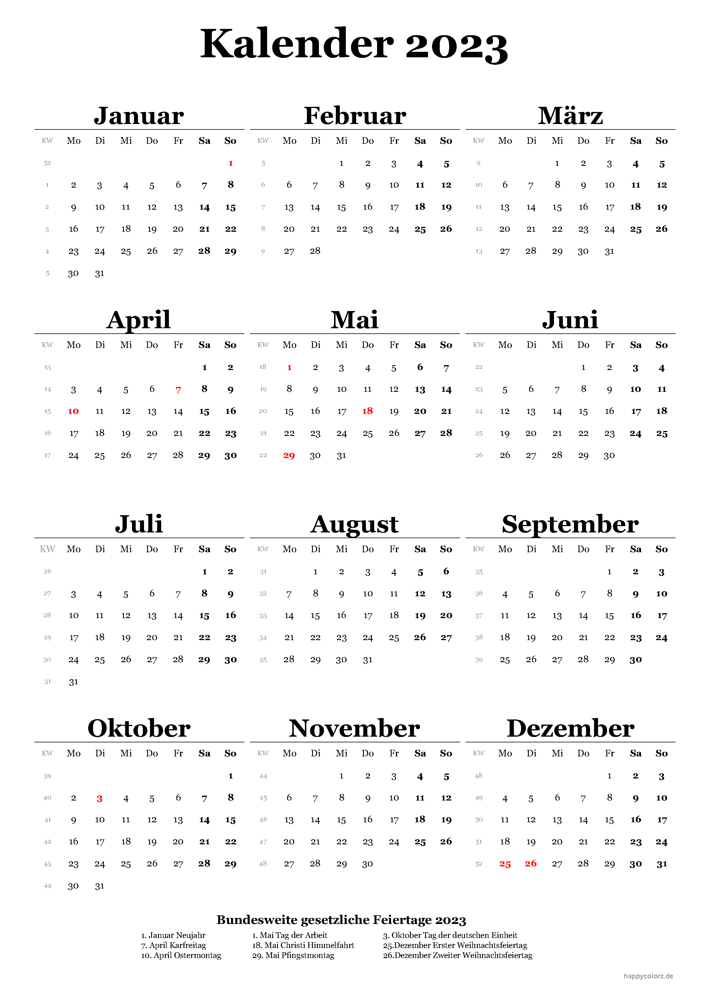 klassischer Kalender 2023 - Hochformat, kostenlos zum Ausdrucken