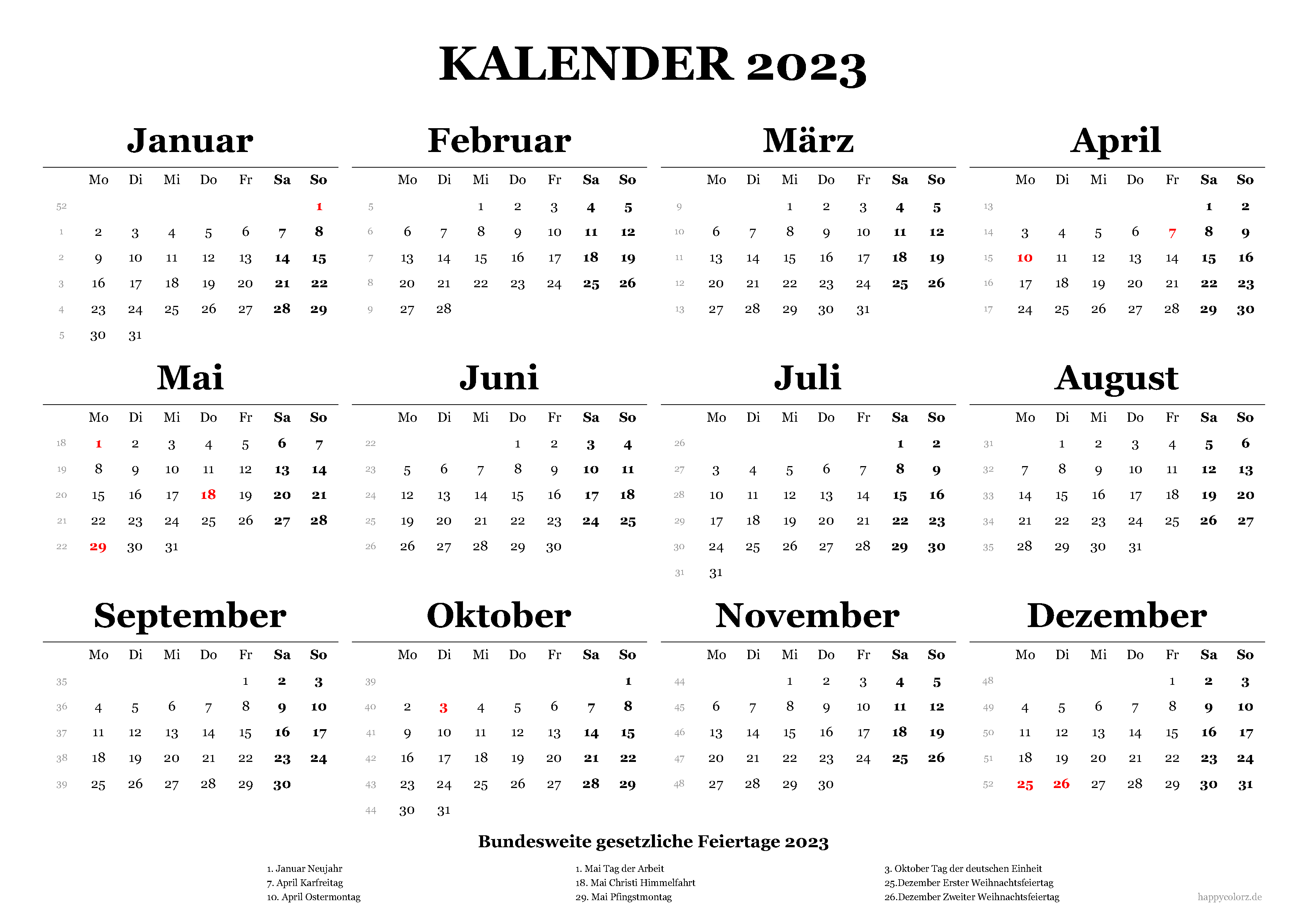 Kalender 21 mit Kalenderwochen und Feiertagen pdf, xls & png