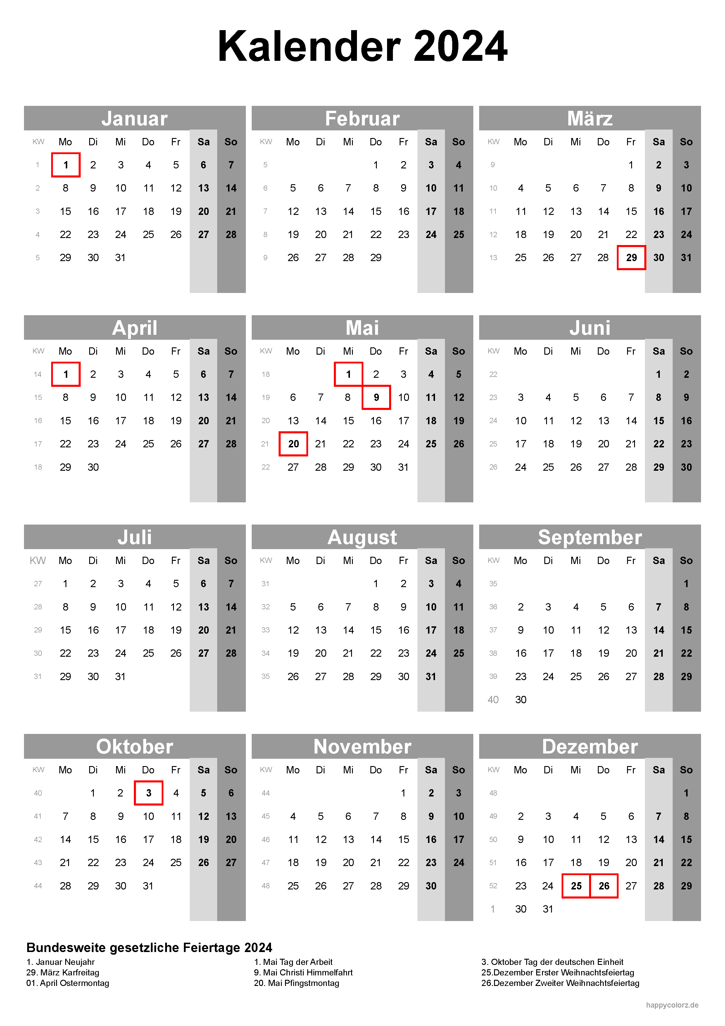 Kalender 2024 - Hochformat, kostenlos zum Ausdrucken
