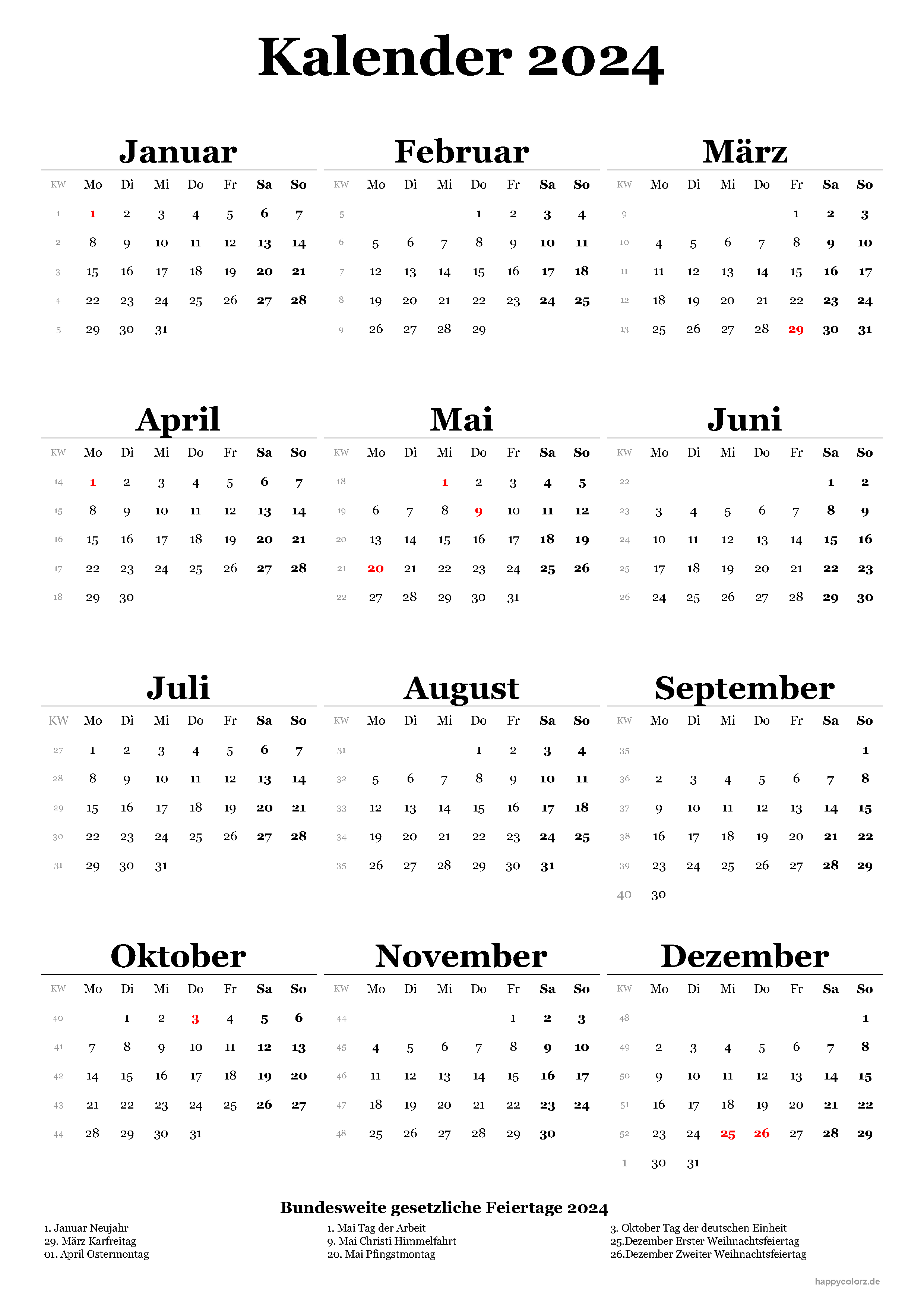 klassischer Kalender 2024 - Hochformat, kostenlos zum Ausdrucken
