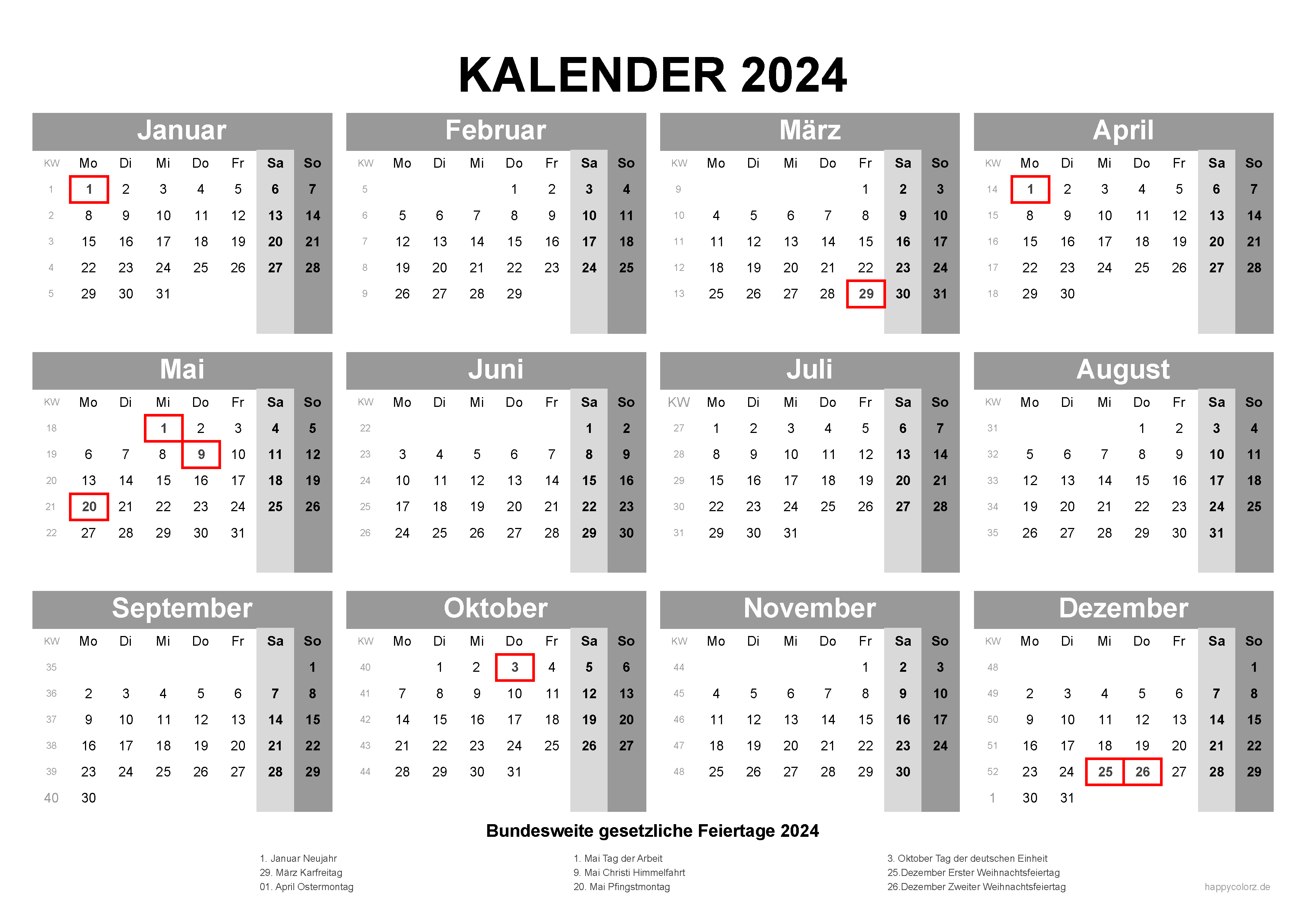 Kalender 2024, Querformat PDF zum kostenlosen Ausdrucken