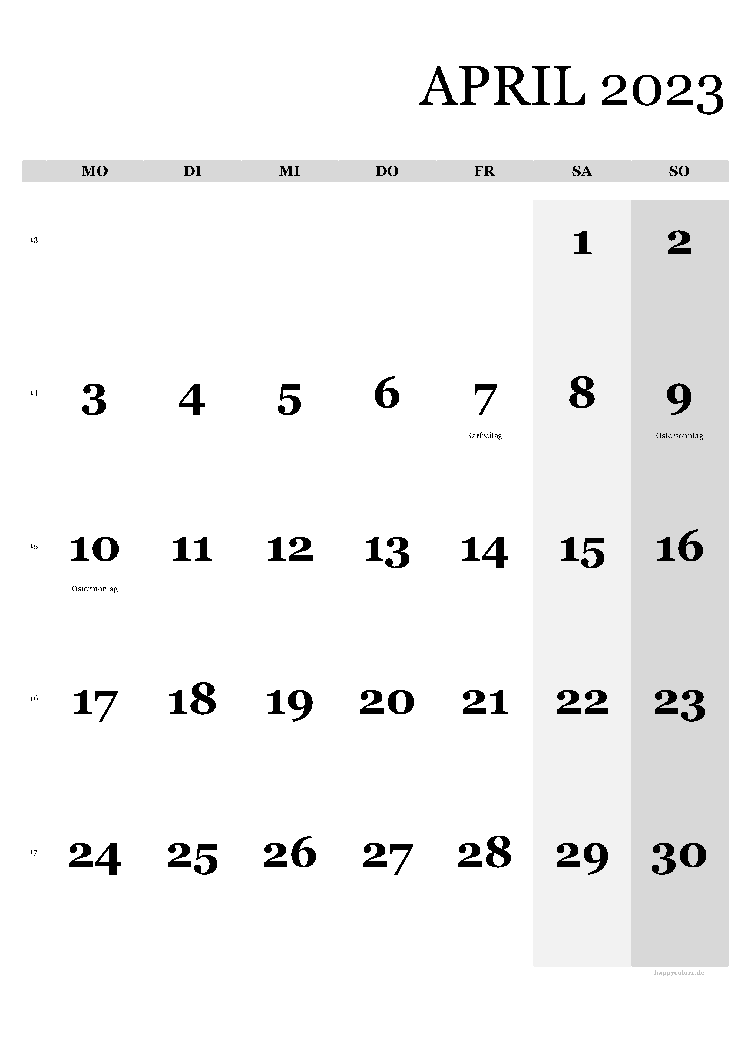 Kalender April 2023 - Hochformat, kostenlos zum Ausdrucken