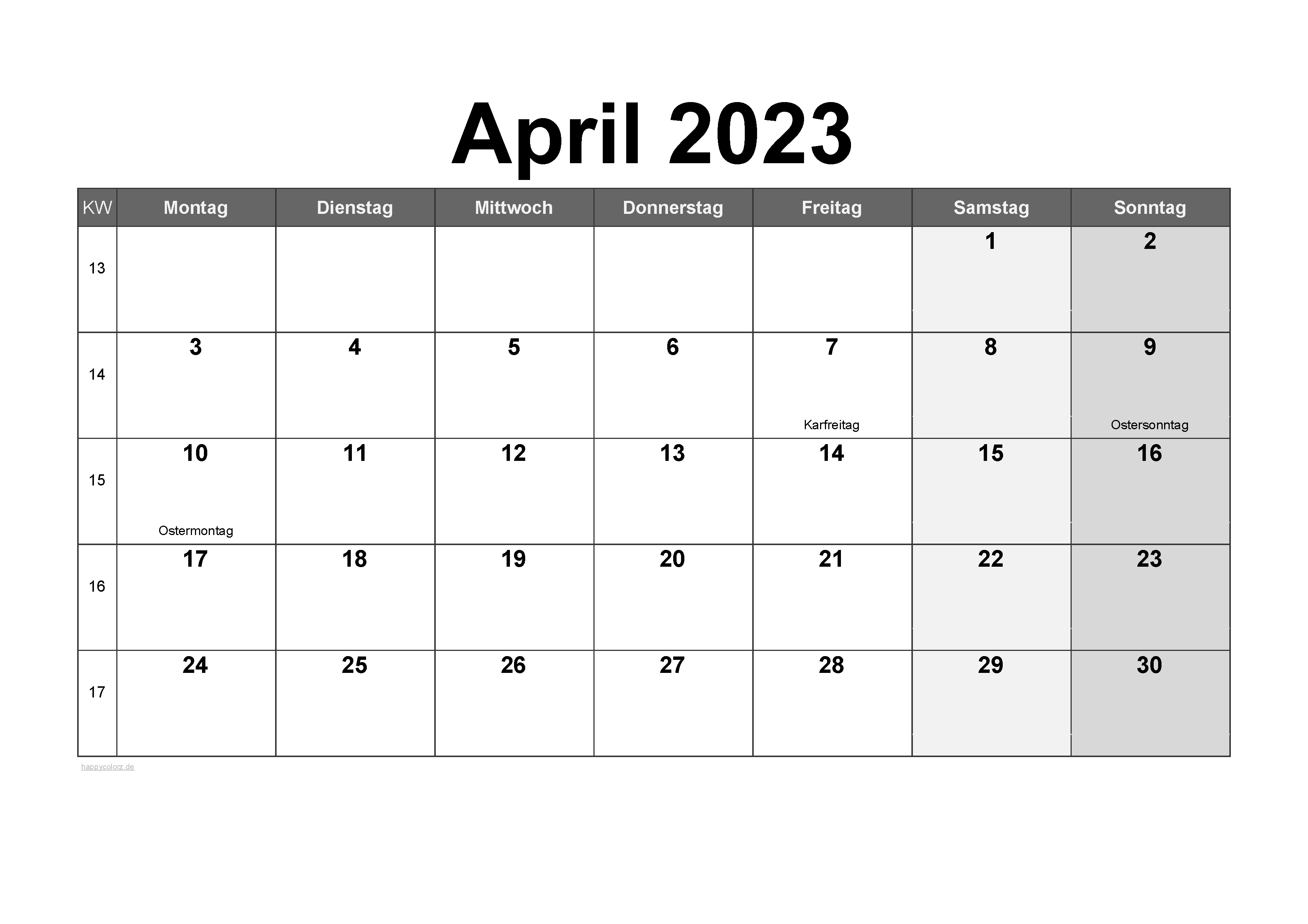 Vorlage Monatskalender April 2023 zum kostenlosen Ausdrucken
