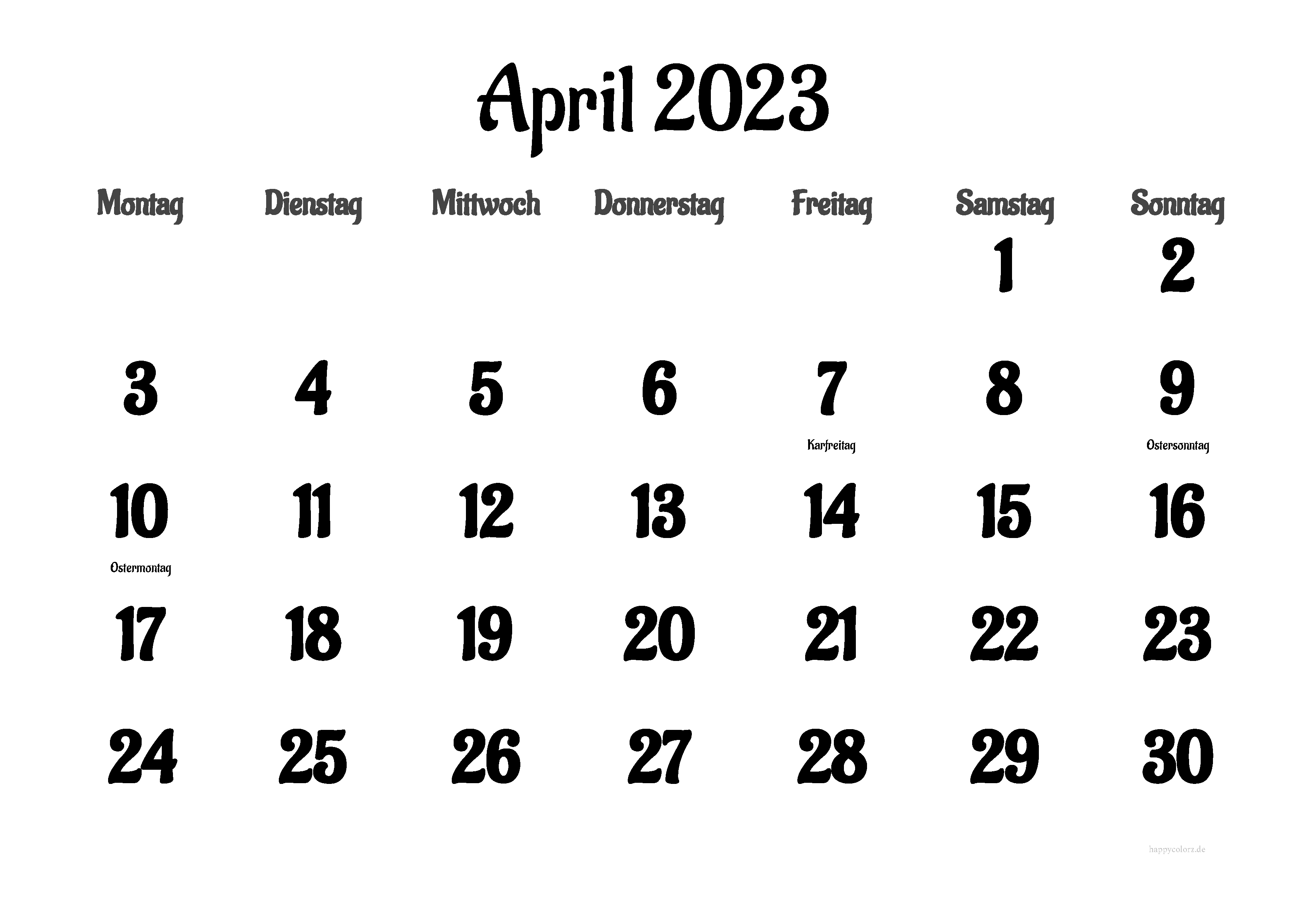 Kalender April 2023 mit Feiertagen