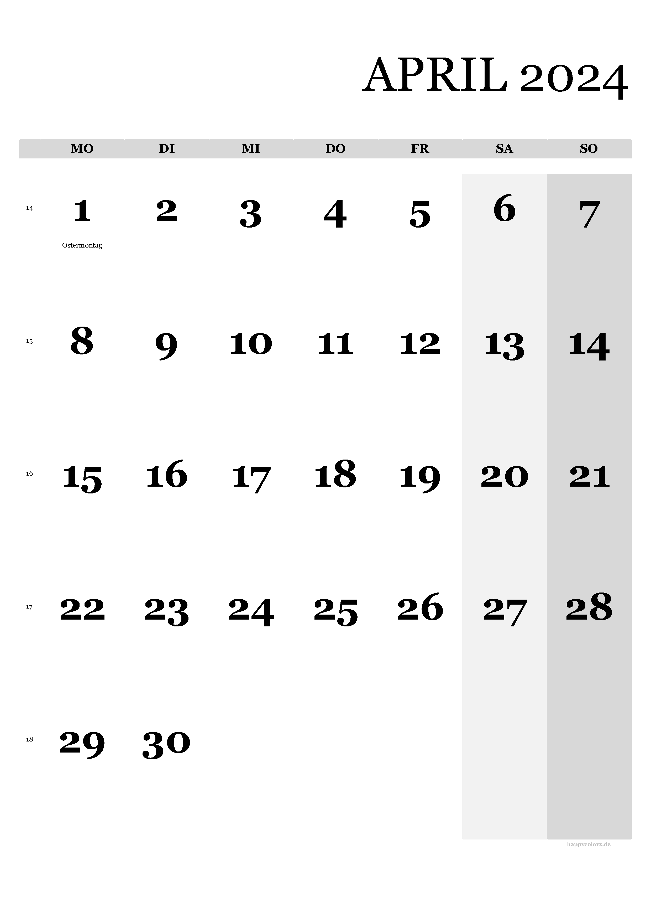 Kalender April 2024 - Hochformat, kostenlos zum Ausdrucken