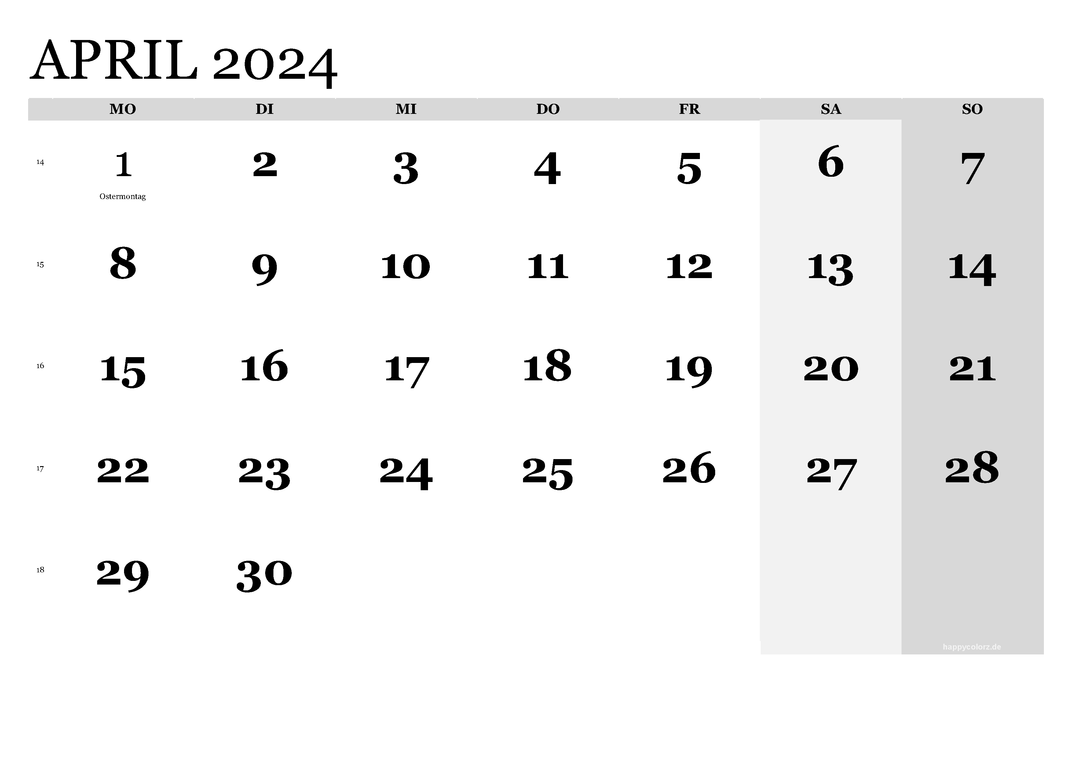 Kalender April 2024 klassisch, Querformat PDF zum Ausdrucken