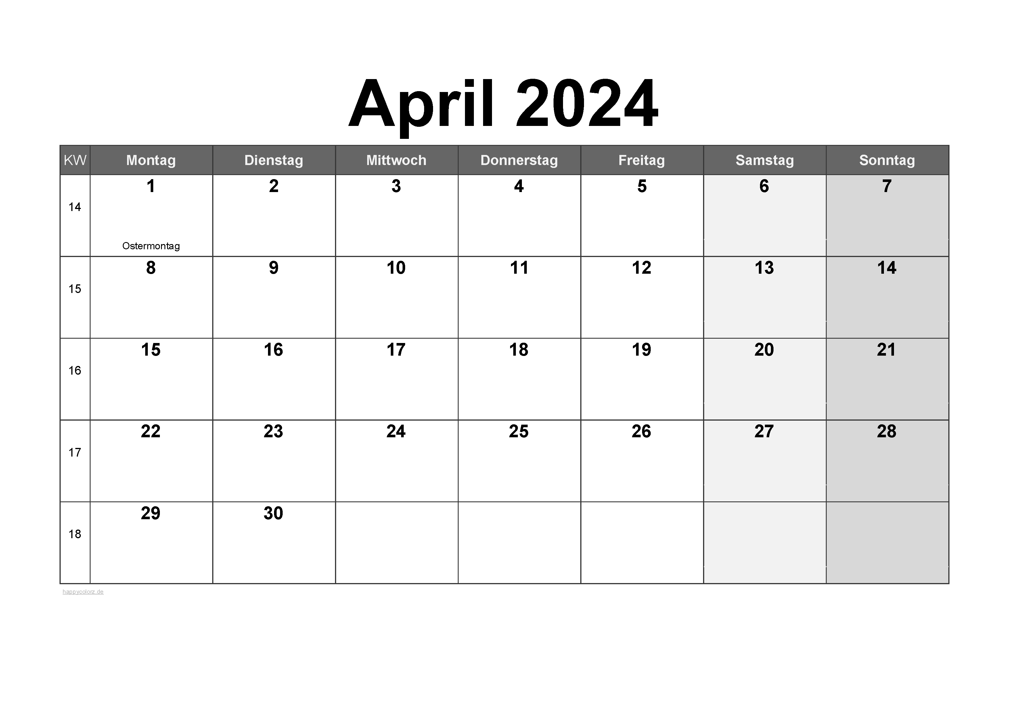 Vorlage Monatskalender April 2024 zum kostenlosen Ausdruck