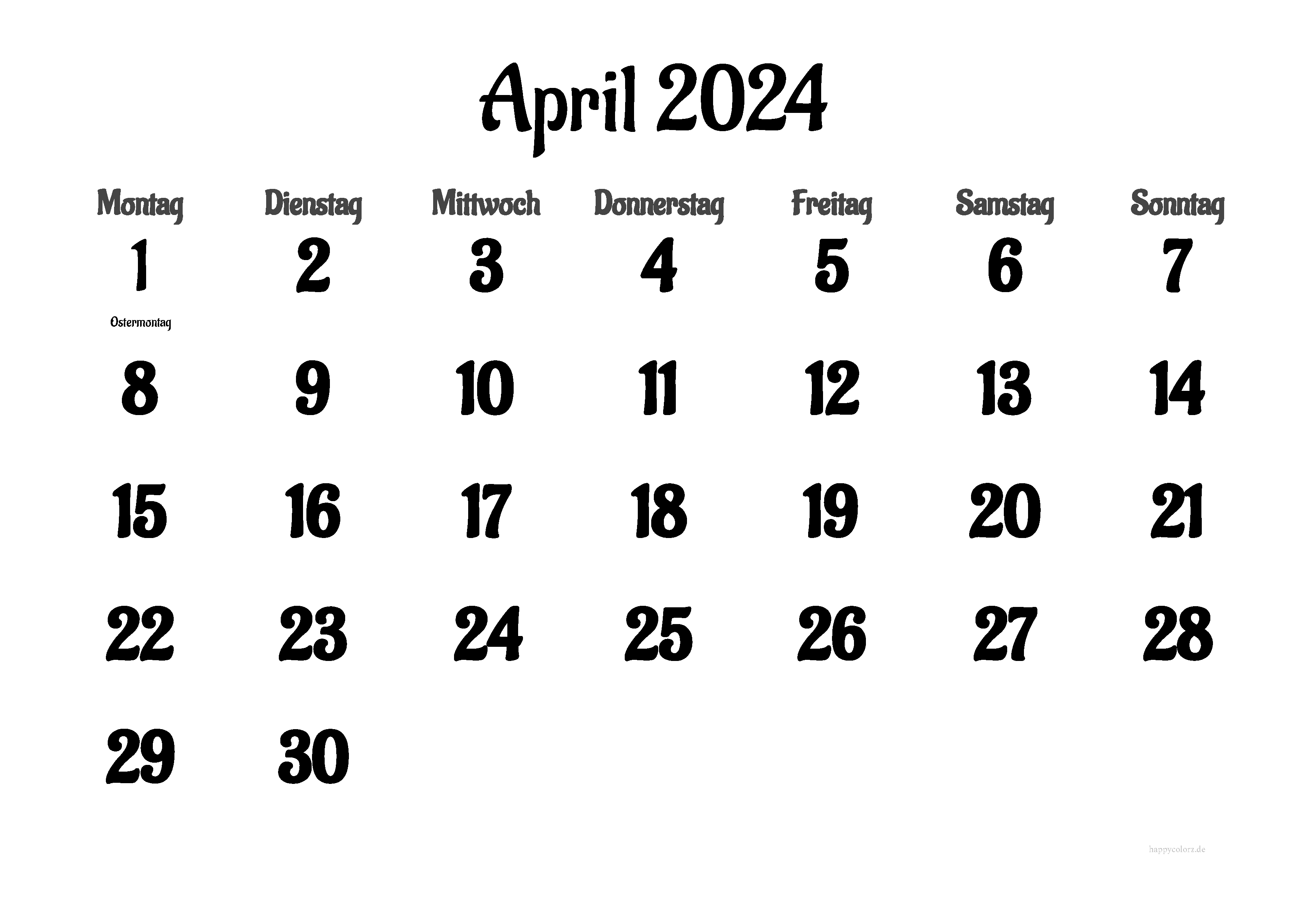 Kalender April 2024 mit Feiertagen