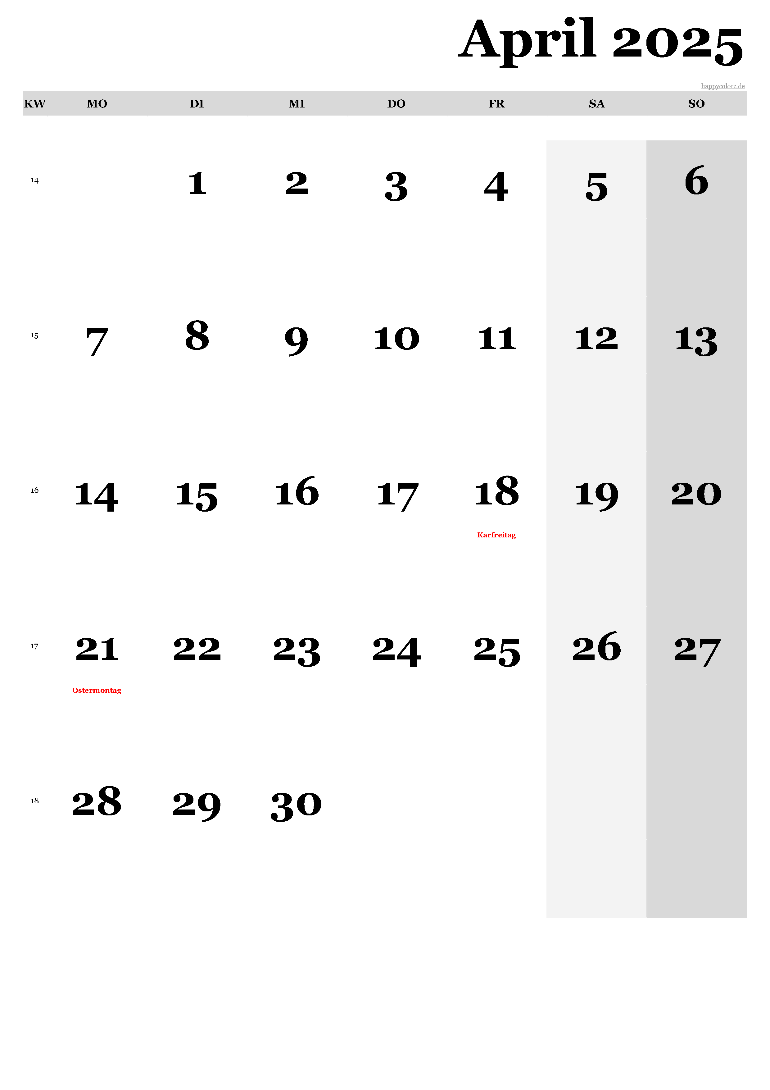 Kalender April 2025 - Hochformat, kostenlos zum Ausdrucken