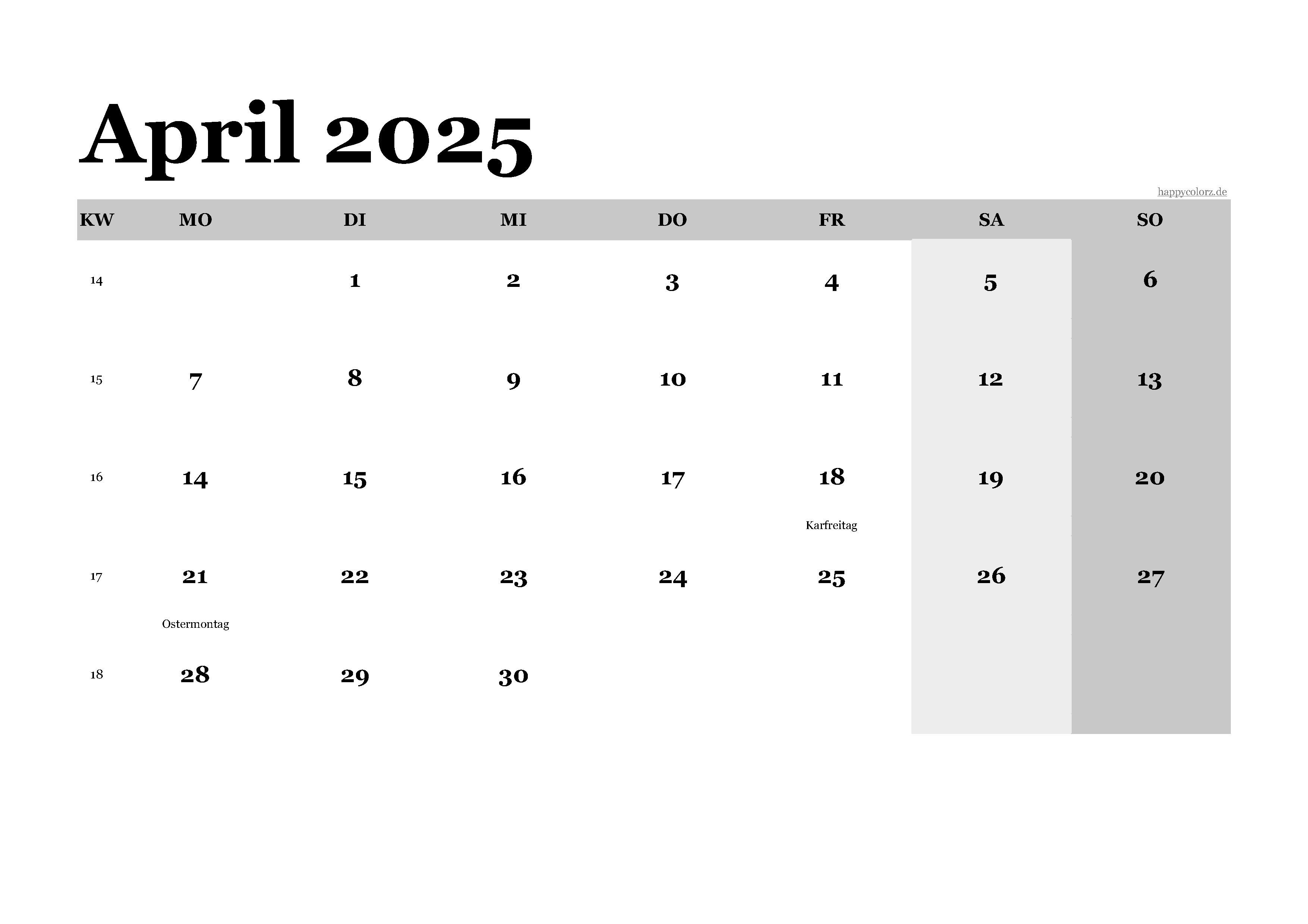 Kalender April 2025 klassisch, Querformat PDF zum Ausdrucken